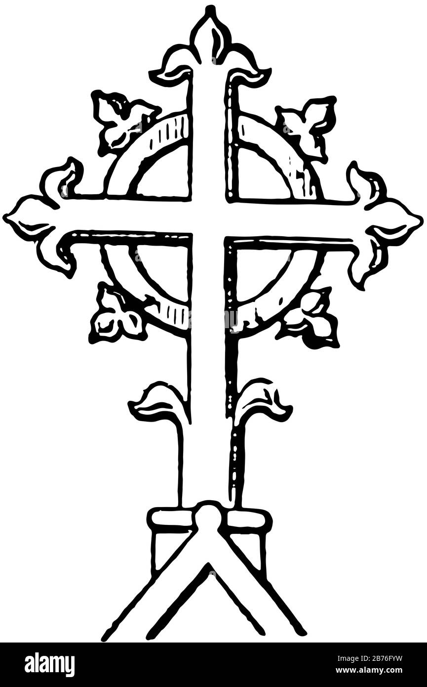 Finialkreuz, Christenheit, Kirche, Finial, Religion, Vintage-Linien-Zeichnung oder Gravurdarstellung. Stock Vektor