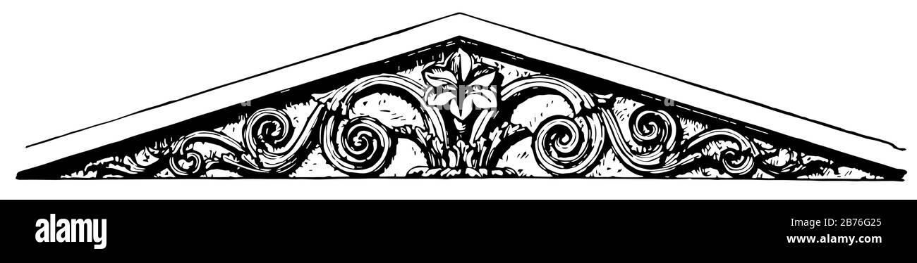 Pediment sind sidon-sarkophage bei Konstantinopole, oberer Teil der Vorderseite eines klassischen Gebäudes, nach außen vom Fuß ausziehend, Vintage-Linien-Verlosung Stock Vektor