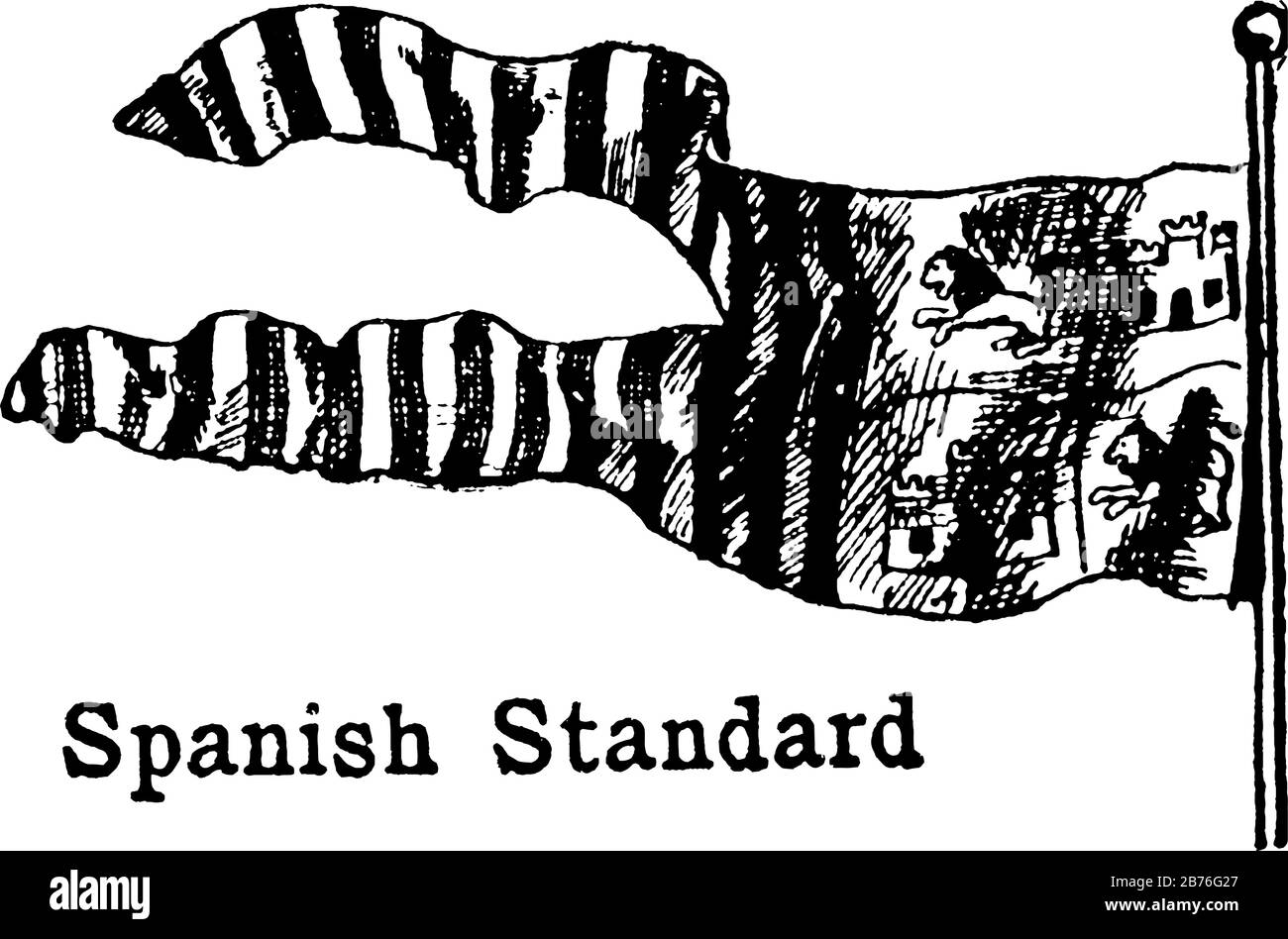 Die spanische Standard-Flagge, diese Fahne hat vertikale Bänder, sie hat zwei Löwen und zwei Burg mit drei Säulen zur Hebeseite hin, Vintage-Zeichnung Stock Vektor