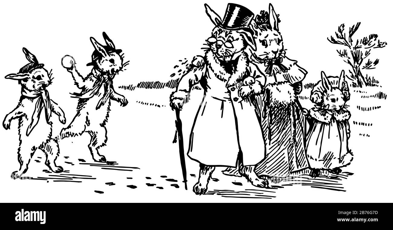 Herr Bunnys Vortrag, dieses Bild zeigt zwei Kaninchen, die sich verkleidet haben und zusammen mit einem Babykaninchen laufen, zwei Baby-Kaninchen, die hinter ihnen spazieren und einen Bab Stock Vektor