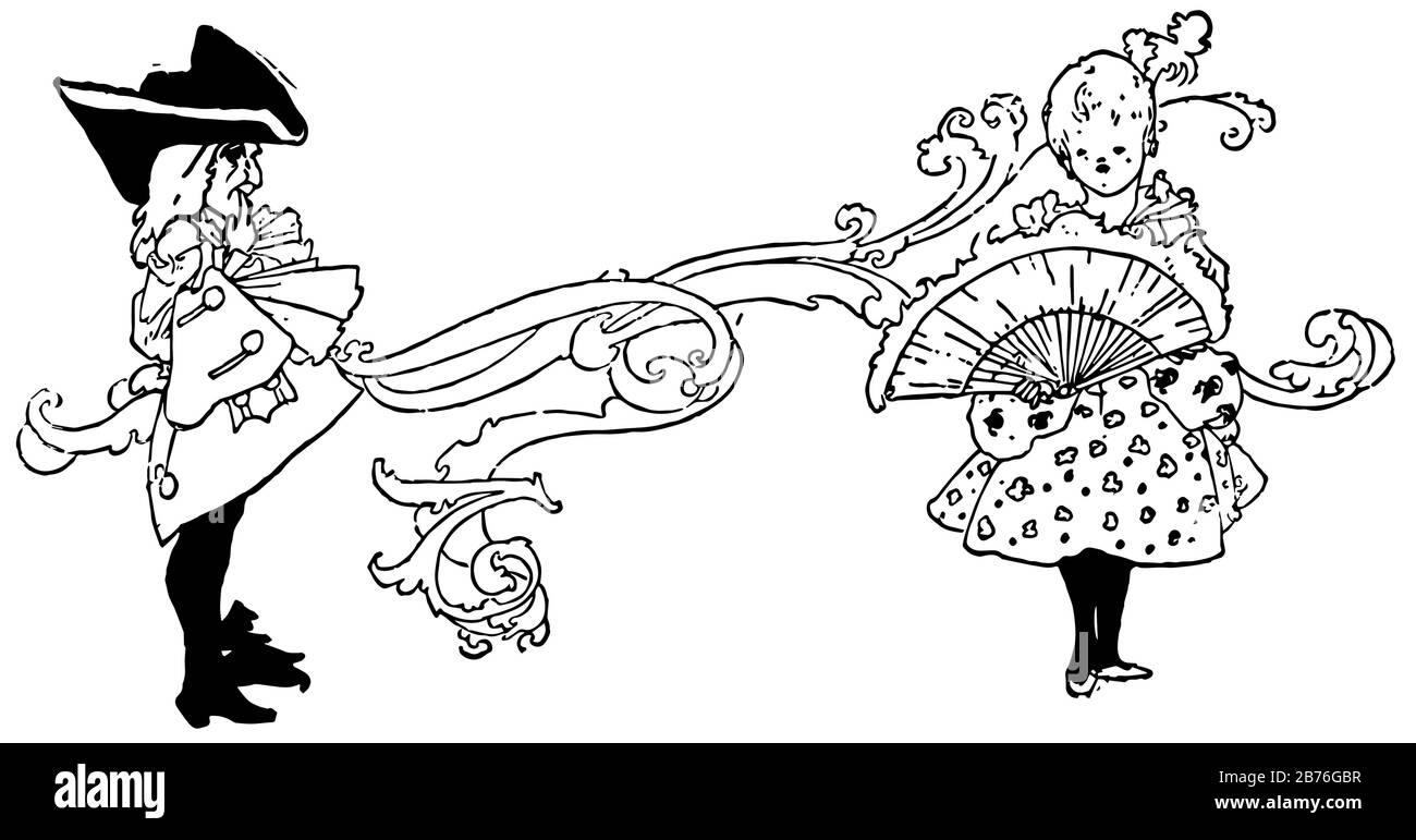 Kleiner Mann und Maid, diese Szene zeigt einen kleinen Mann, der eine vor ihm stehende Dame umwirbt, eine Dame, die Handlüfter hält, eine Vintage-Linie zeichnet oder eingraviert Stock Vektor