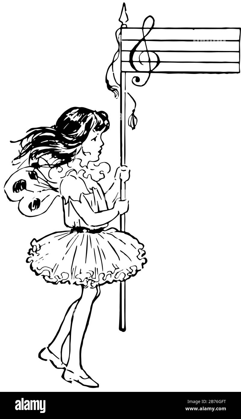 Eine Fee, die Flag in Händen hält, Vintage-Linien-Zeichnung oder Gravier-Illustration Stock Vektor
