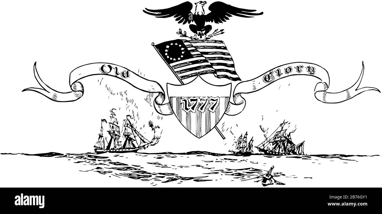 Die Betsy-Ross-Flagge mit 13 Sternen der Vereinigten Staaten von Amerika, dieses Siegel hat 13 Sternfahne mit horizontalen Streifen, es hat Schild mit Streifen, Schiffen und Stock Vektor
