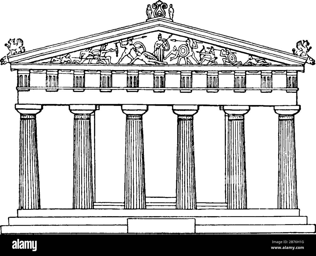 Tempel Ägina oder es ist verwandt mit der Göttin Aphaia, Westfront des Tempels, einem Heiligtum, der sich der griechischen Insel Aigina widmet, Vintage Line d Stock Vektor