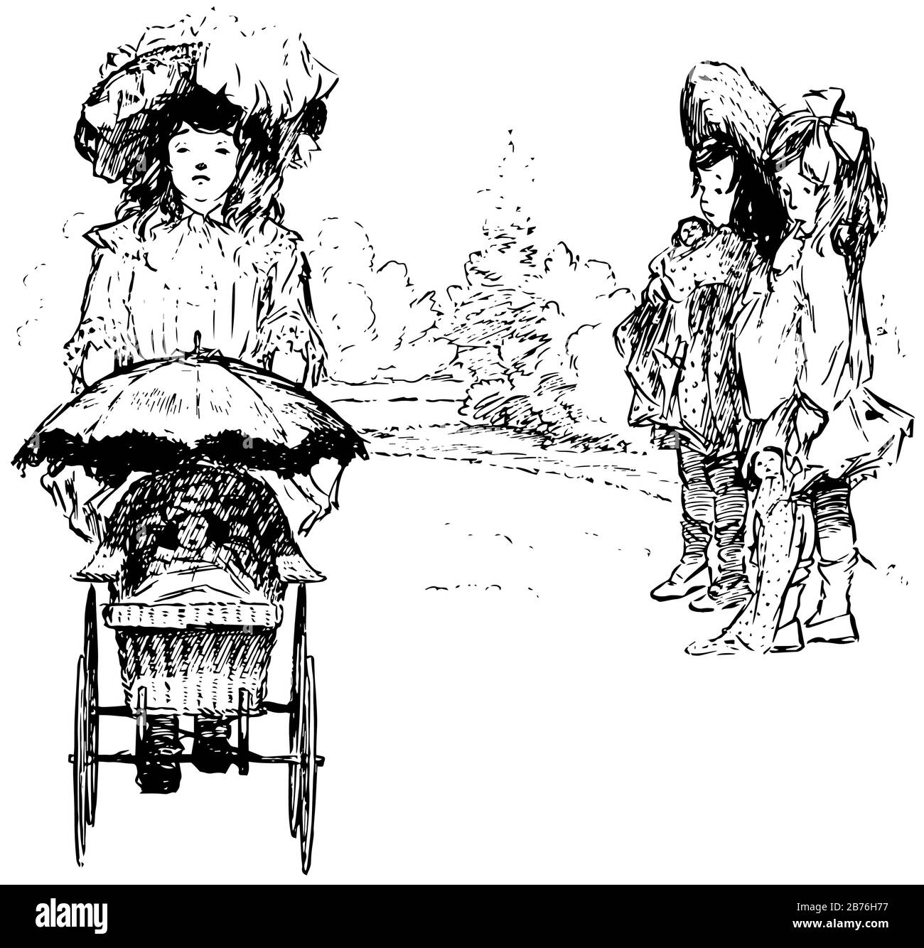 Joe's Bee-Sting, diese Szene zeigt drei kleine Mädchen mit ihren Puppen, ein Mädchen hielt Puppe im Kinderwagen und ging, andere zwei Mädchen halten Puppen in ha Stock Vektor