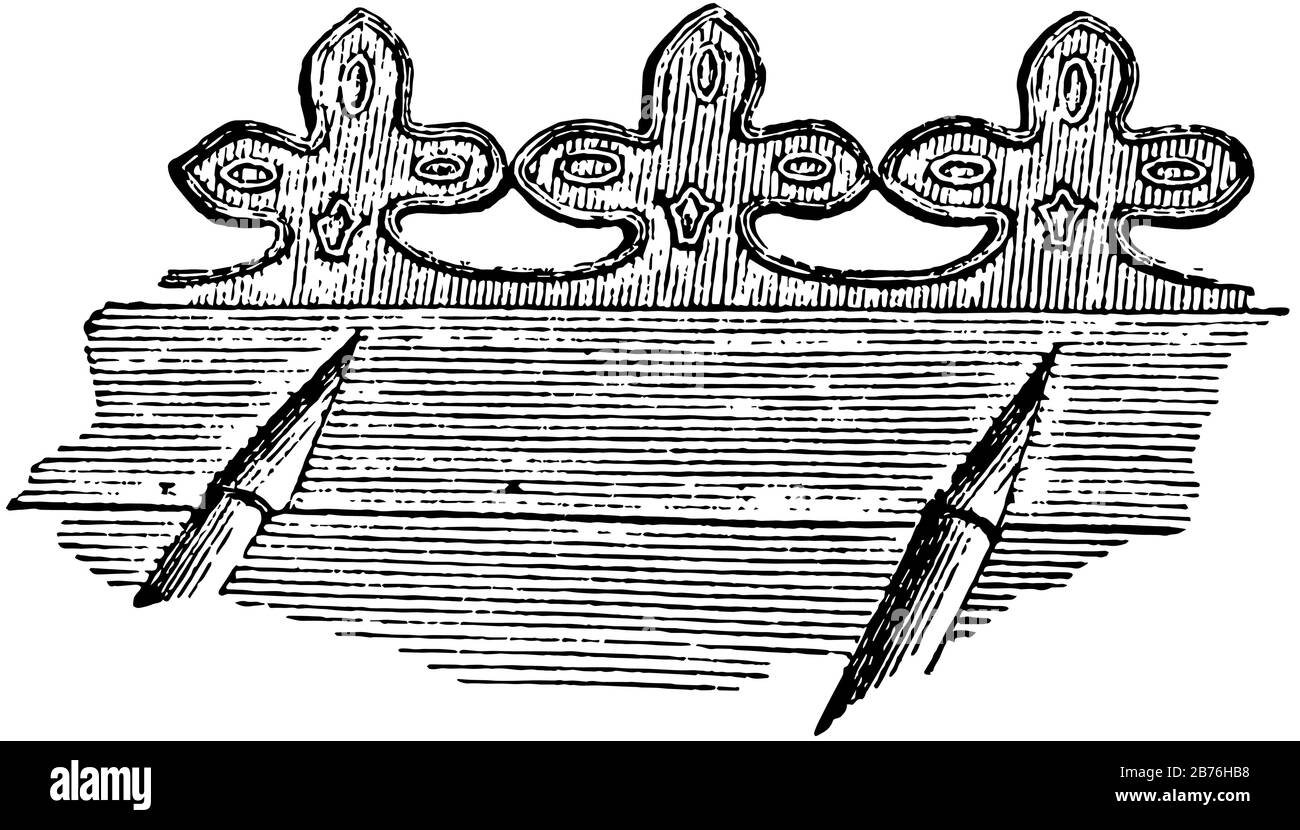 Crest Tile, geschnitzt, Stein, laufen, oben, Wand, Grat, Rood, Vintage-Linie Zeichnung oder Gravur Illustration. Stock Vektor