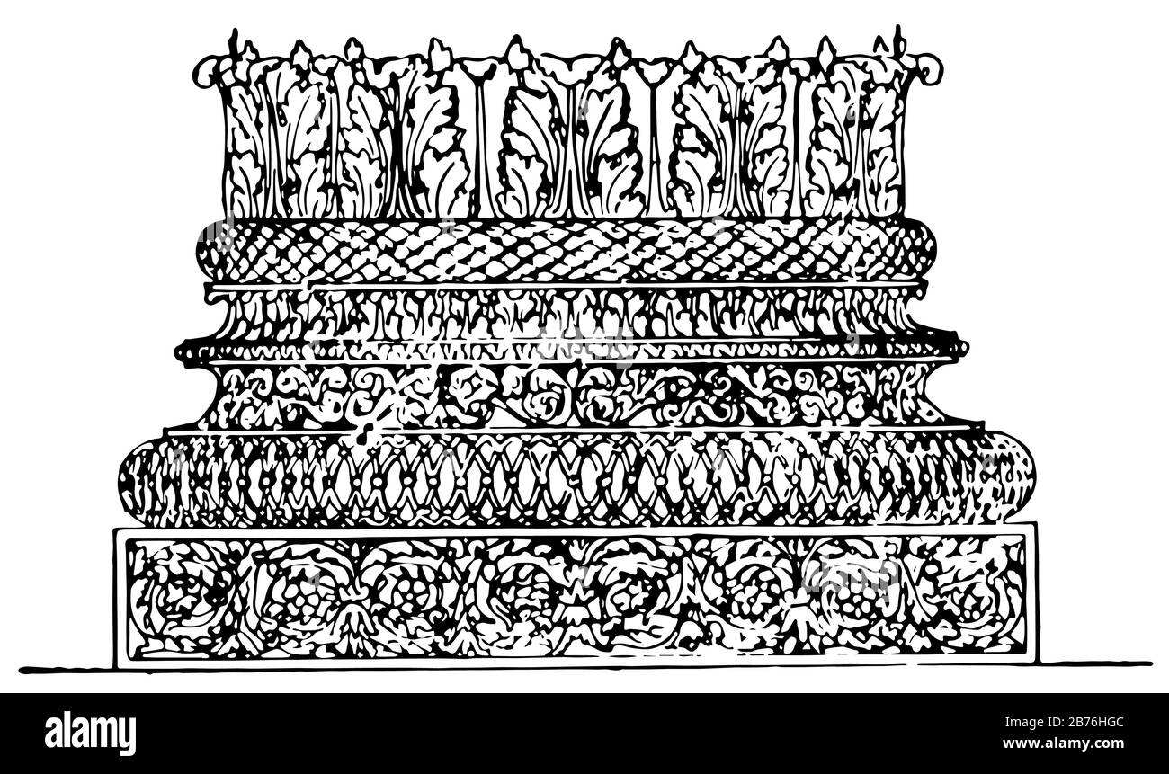 Corinthian Base, im Baptisterium Konstantins, römische Architektur, sein Ableger The Composite, Vintage Line Drawing or Gravuring Illustration. Stock Vektor