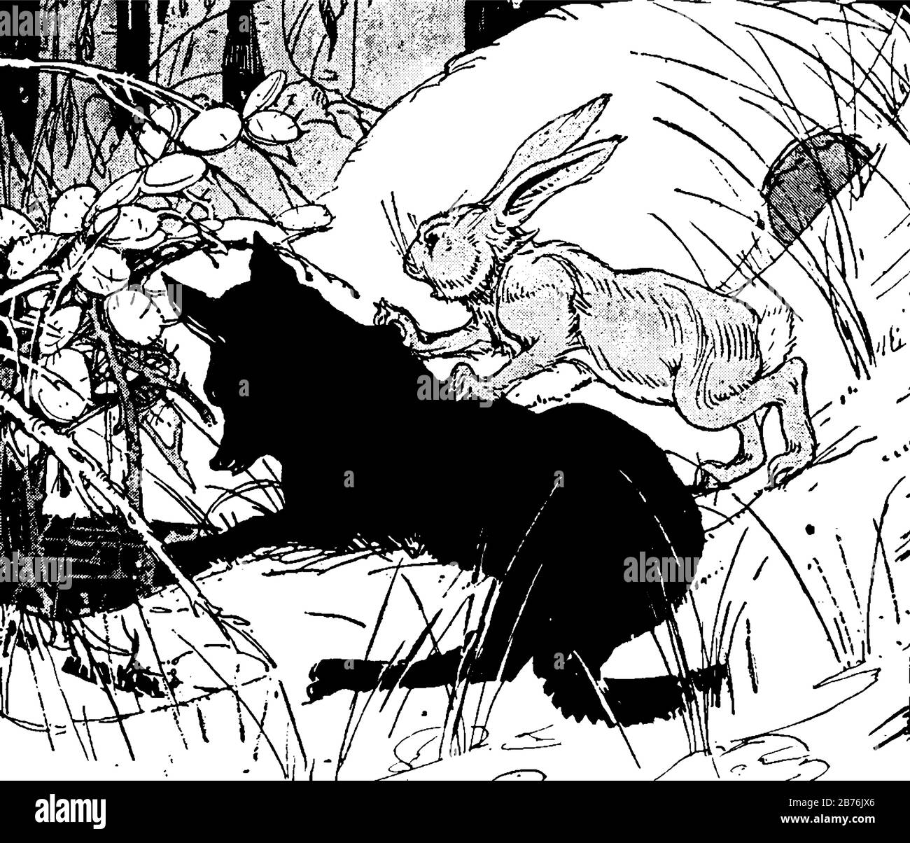 Das hinter dem Wolf laufende Kaninchen, die Zeichnung von Vintage-Linien oder die Gravur Stock Vektor