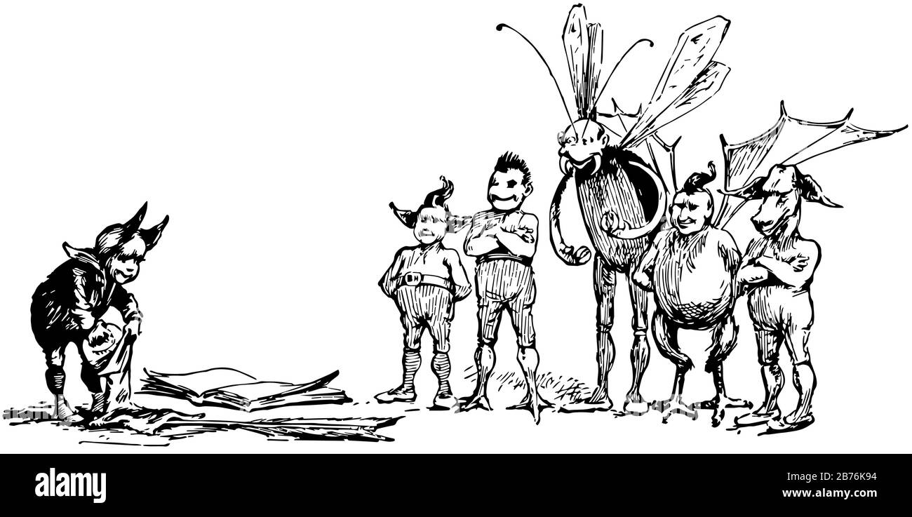 Moon Boys, diese Szene zeigt einen Jungen mit Hörnern, der vor fünf Jungen etwas in die Tasche legt, Jungen hat Flügel und tierische Körperteile, Vintage Line Drawing o Stock Vektor