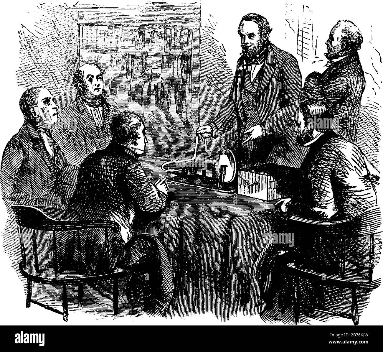 Diese Abbildung stellt Samuel Morse dar, ein Telegraphensystem mit einem Draht, eine Zeichnung mit einer Vintage-Linie oder eine Gravur. Stock Vektor