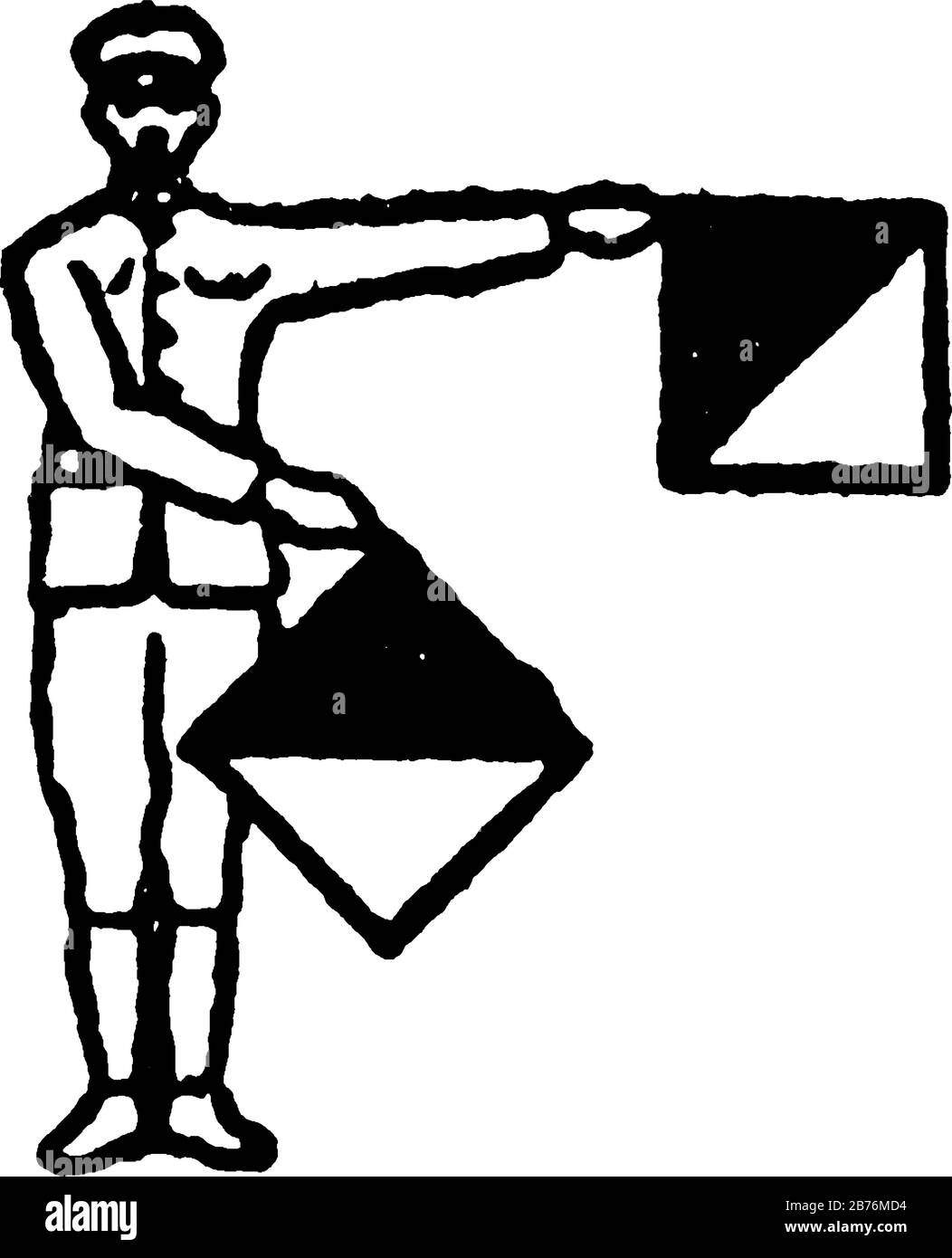 Flaggensignal für den Buchstaben Z, ein Mann, der zwei Flaggen hält, linke Fahne 90 Grad nach oben links, rechte Fahne 45 Grad nach unten links, Vintage-Linie d Stock Vektor