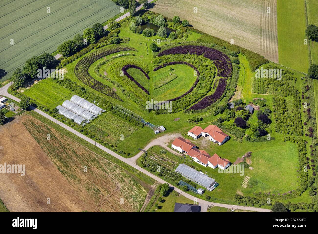 , herzförmige Anpflanzungen an der Markfelder Str. in Waltrop, 06.06.2014, Luftbild, Deutschland, Nordrhein-Westfalen, Ruhrgebiet, Waltrop Stockfoto