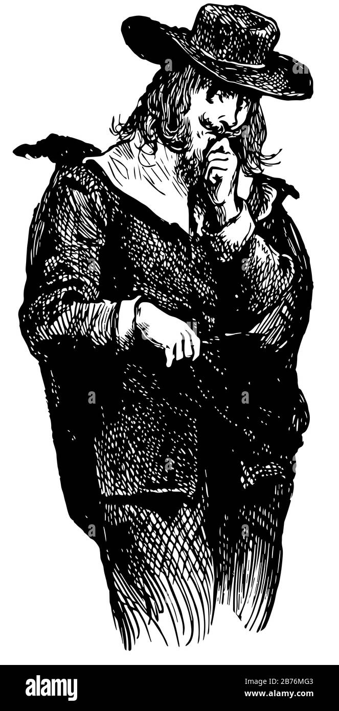Dieses Bild zeigt einen Mann mit Hut am Kopf und einer Hand am Kinn, Vintage-Zeichnung oder Gravurdarstellung Stock Vektor