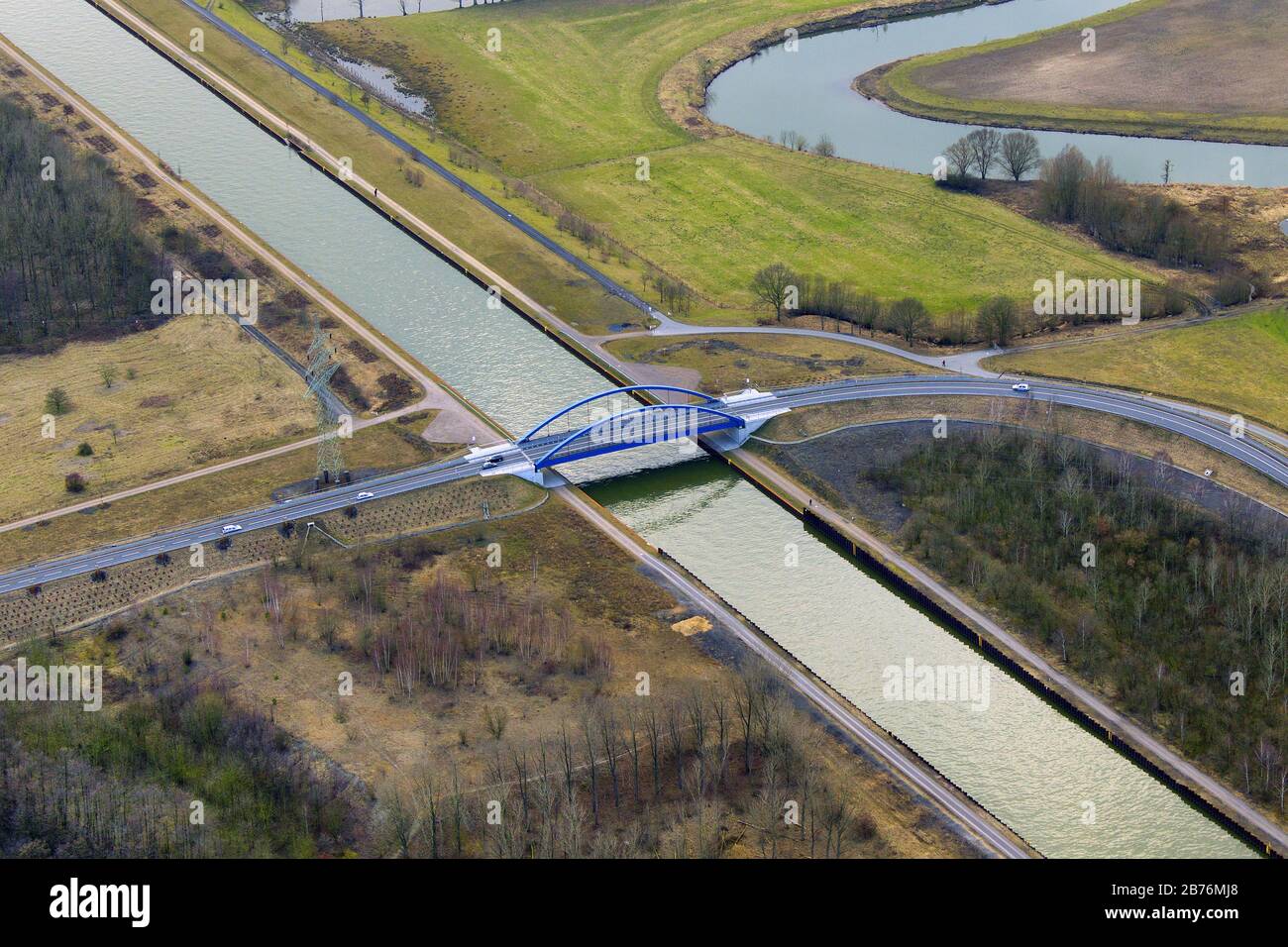 , neue Tibaum-Brücke über Datteln hamm-chanel in Herringen, 06.03.2012, Luftbild, Deutschland, Nordrhein-Westfalen, Ruhrgebiet, Hamm Stockfoto