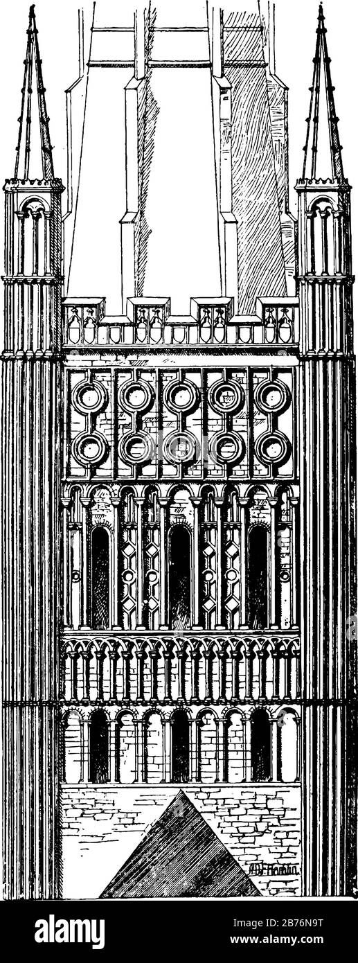 Central Tower in der Norwich Cathedral, normannischer Stil, Klassenunterkunft und Konferenzeinrichtung, Vintage-Line-Zeichnung oder Gravurdarstellung. Stock Vektor