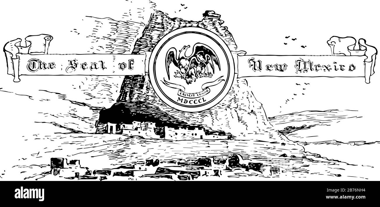 Das Siegel der Vereinigten Staaten von New Mexico, dieses Siegel hat Berge und fliegende Vögel im Hintergrund, es hat auch einen Kreis im Zentrum, in dem zwei Adler halten Stock Vektor
