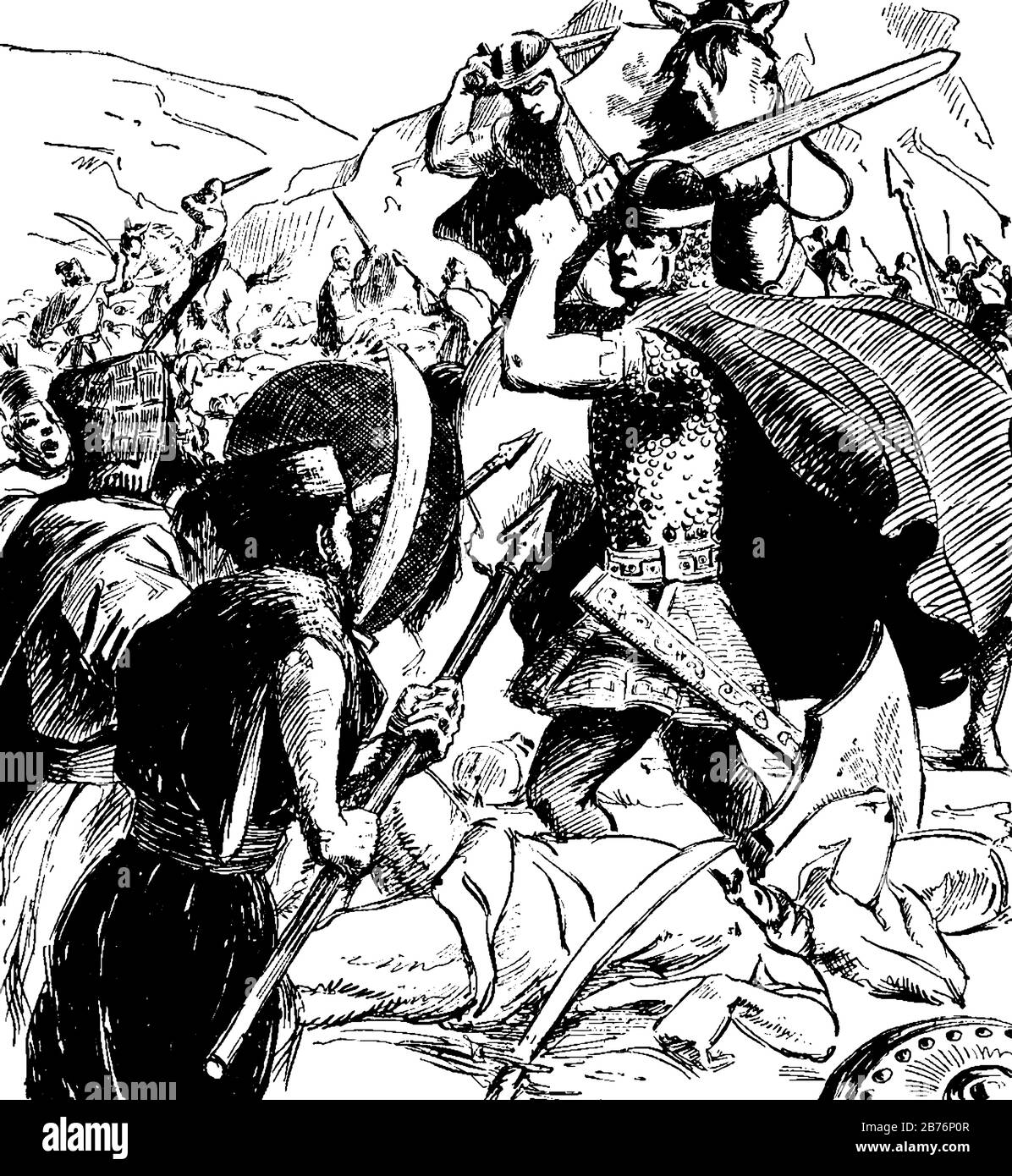 Pferdefahrer und Menschen kämpfen mit Speeren und Schwertern, Vintage-Linien-Zeichnung oder Gravurillustration Stock Vektor