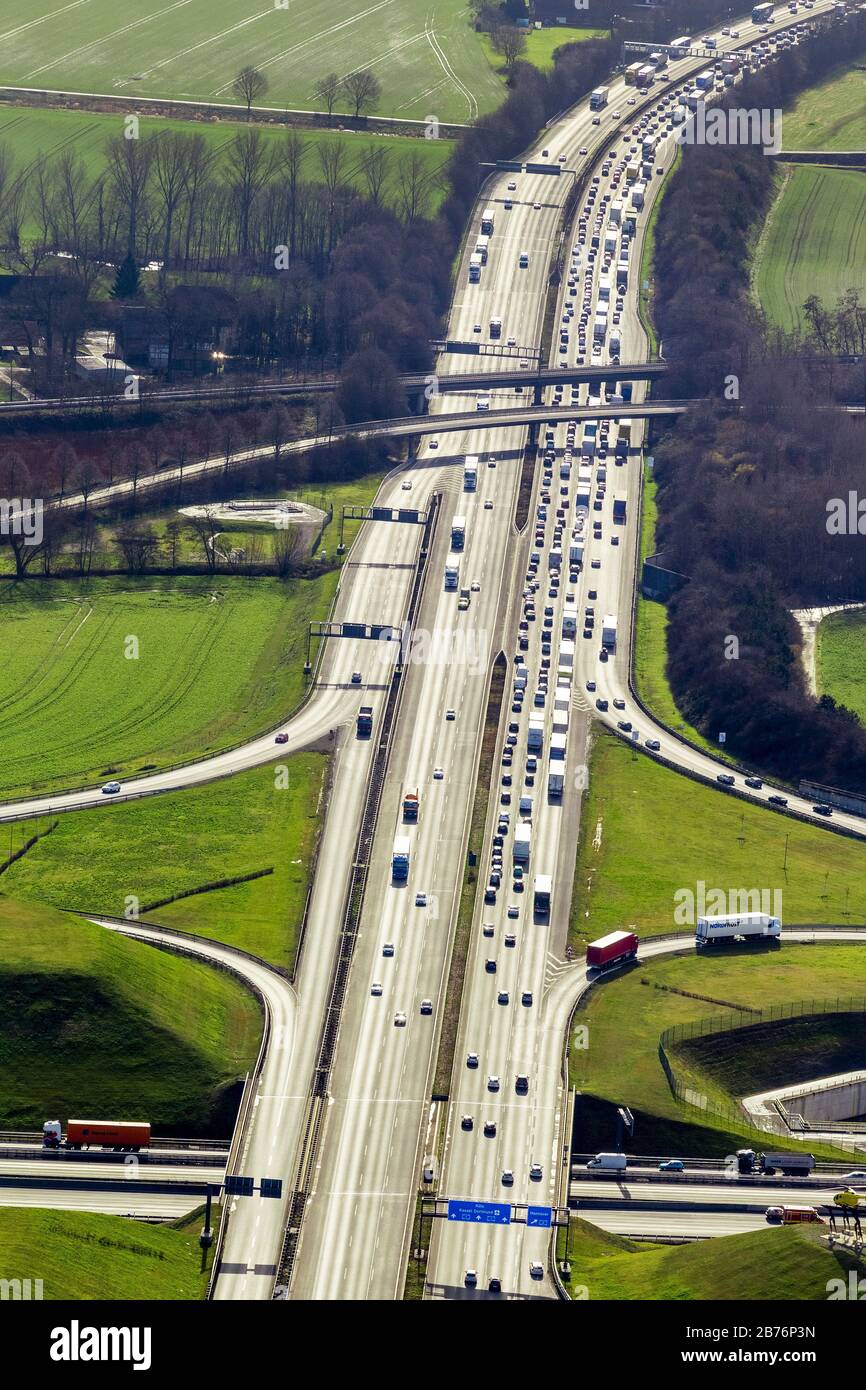 , Autobahn A1 an der Kreuzung Kamener Kreuz, 14.02.2014, Luftbild, Deutschland, Nordrhein-Westfalen, Ruhrgebiet, kamen Stockfoto