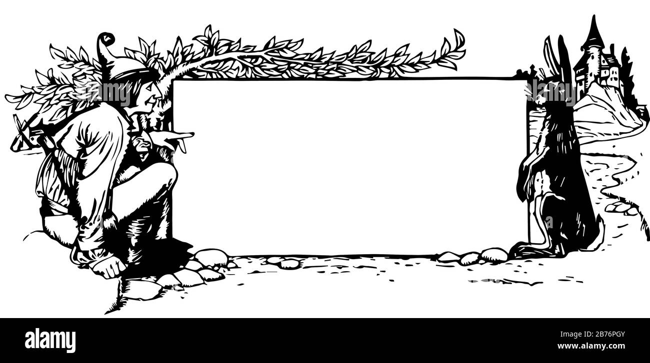 Bildbanner haben eine Mann- und Kaninchen-, Vintage-Linien-Zeichnung oder Gravurdarstellung. Stock Vektor