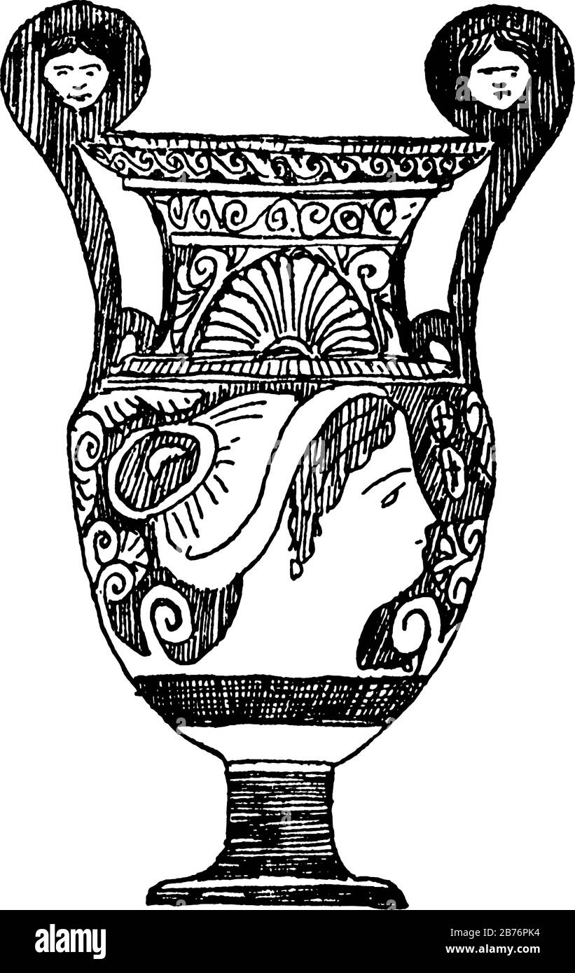 Griechische Vase wurde in Apulien hergestellt, es ist eine griechische Grabungskeramik, Keramik bis in die hellenistische Epoche, Vintage-Linien-Zeichnung oder Gravurgravur. Stock Vektor