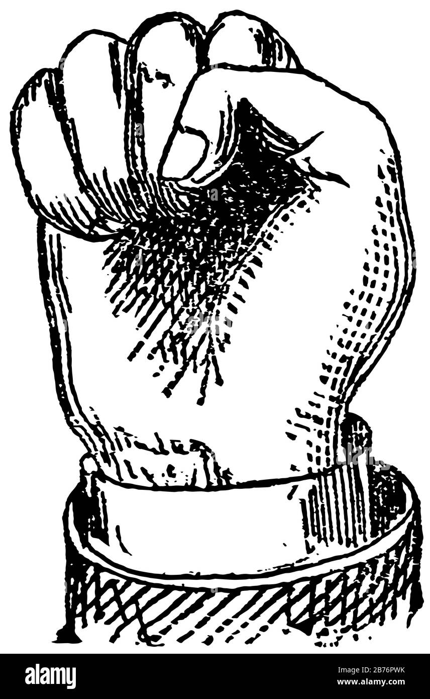 Das von Hand mit den Fingern angefertigte Faustbild verdoppelte sich in die Handfläche, Vintage-Linien-Zeichnung oder Gravurdarstellung. Stock Vektor