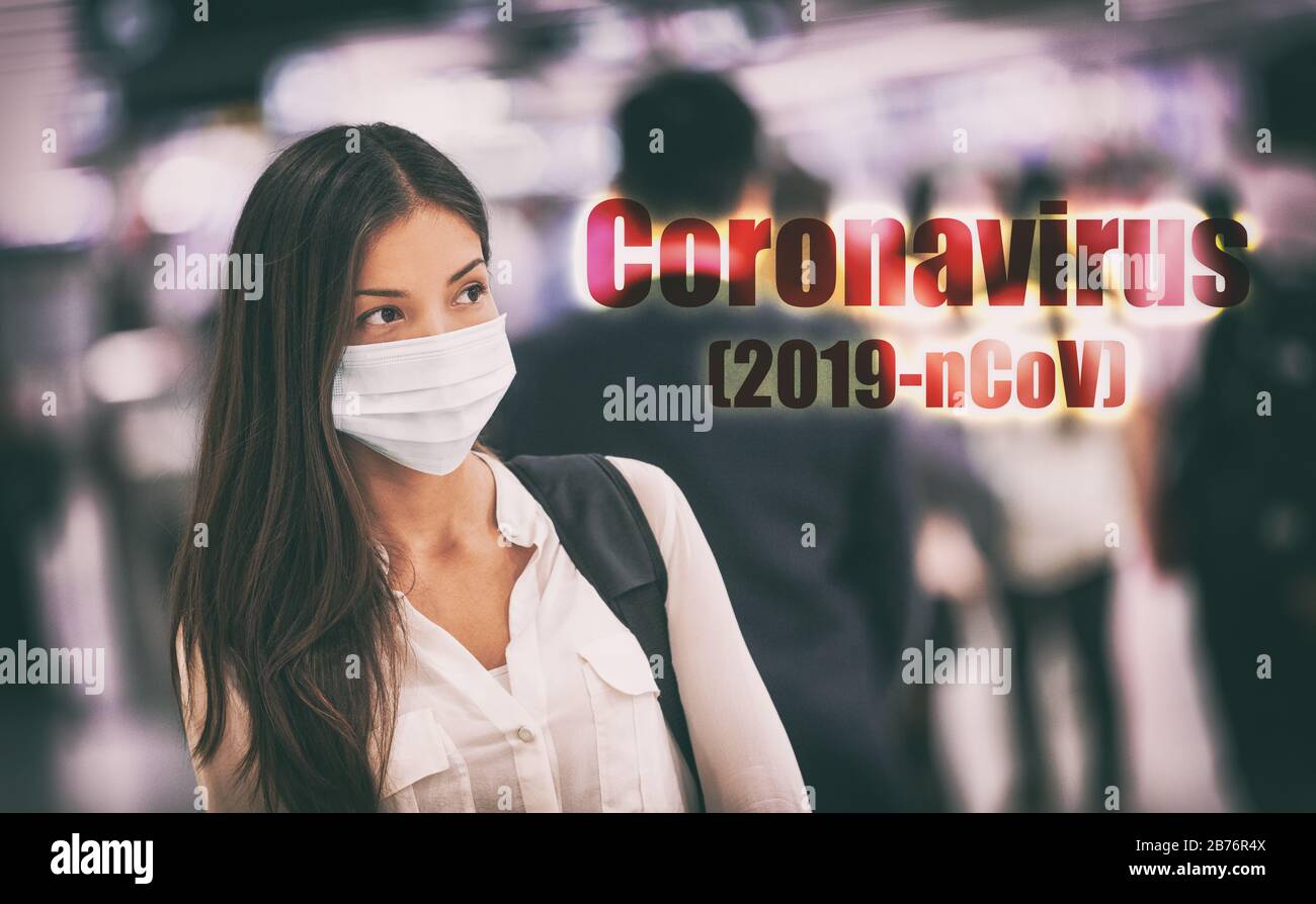 Coronavirus-Corona-Virus-Maske Asian chinese Woman trägt Grippe-Maske Prävention von Wuhan 2019-nCoV in China. Menschenmassen mit öffentlichen Verkehrsmitteln reisen Menschen an. Stockfoto