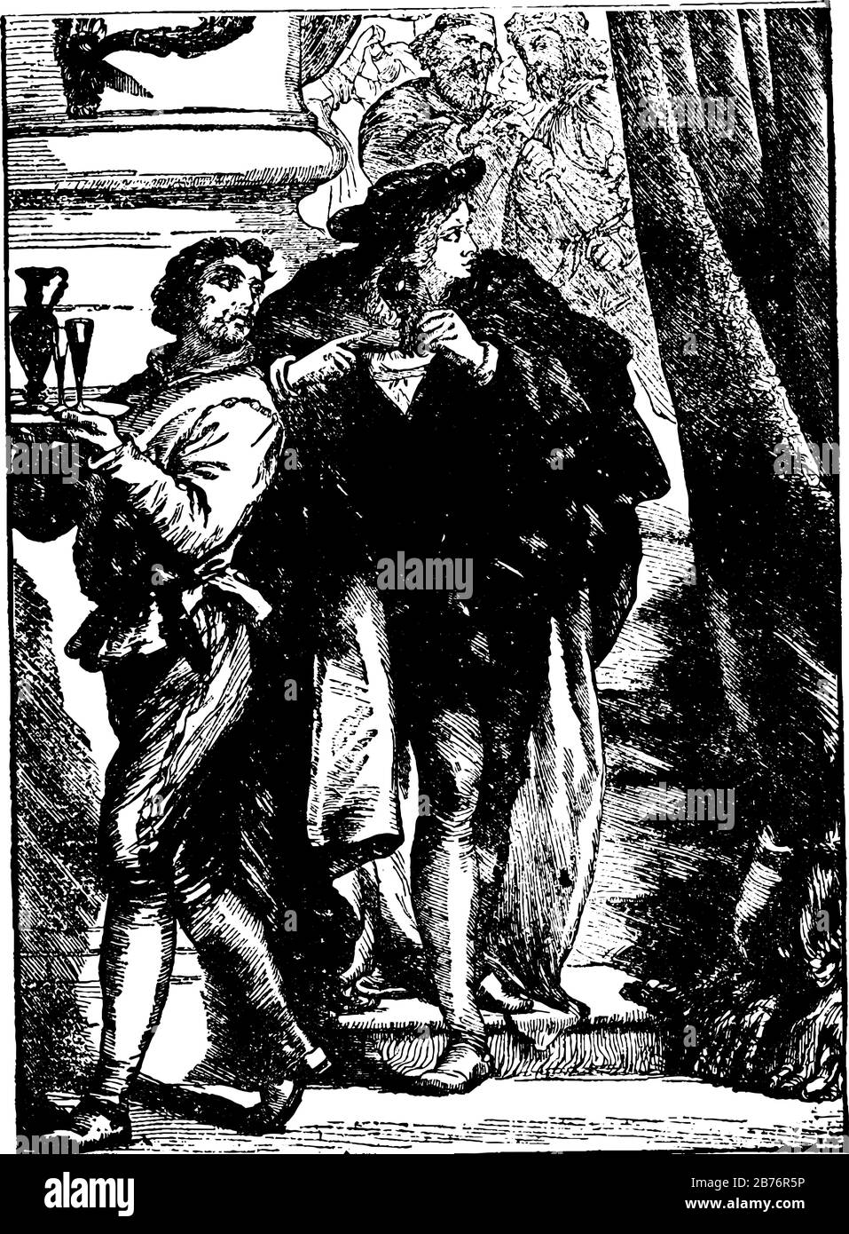 Ein Mann, der Tablett in Händen und Jungen hält, mit Maske in der Hand, die hinter ihm steht, Brille und Krug in Tablett, andere Menschen im Hintergrund, Vintage-Line-Draw Stock Vektor