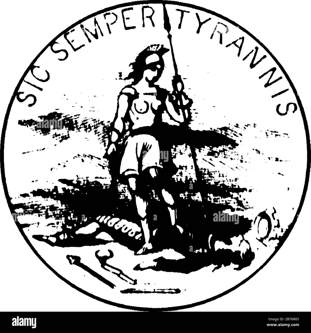 Siegel des commonwealth of Virginia, im Jahr 1876, hat diese kreisförmige Dichtung eine stehende Göttin ihr ein Bein auf einem gefallenen Mann, Speer & Schwert in ihrem han aufbewahrt Stock Vektor