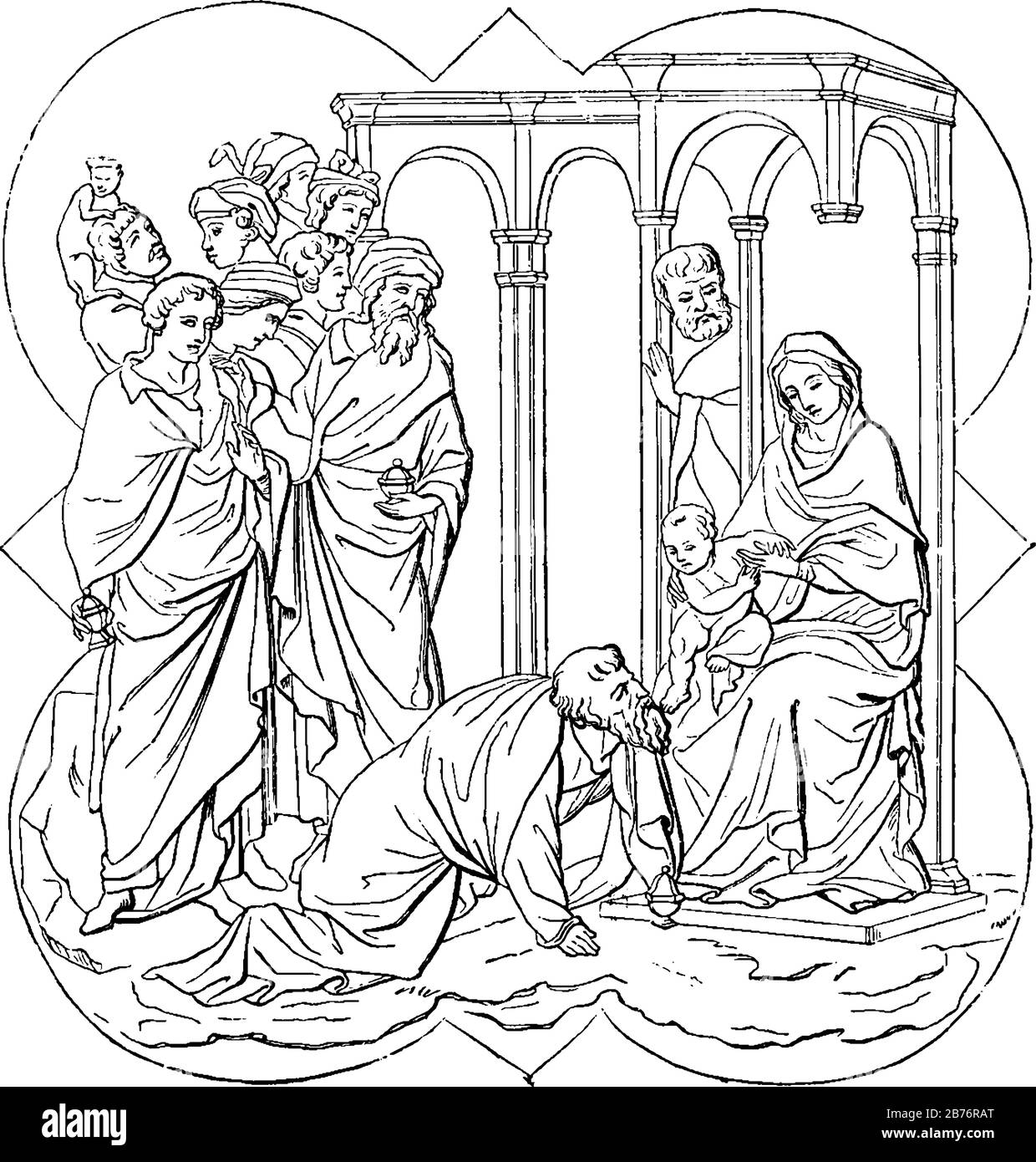 Diese Szene zeigt Frau, die auf dem Tisch sitzt und Baby hält, einen alten Mann, der vor ihr niederkniet, andere stehen Stock Vektor