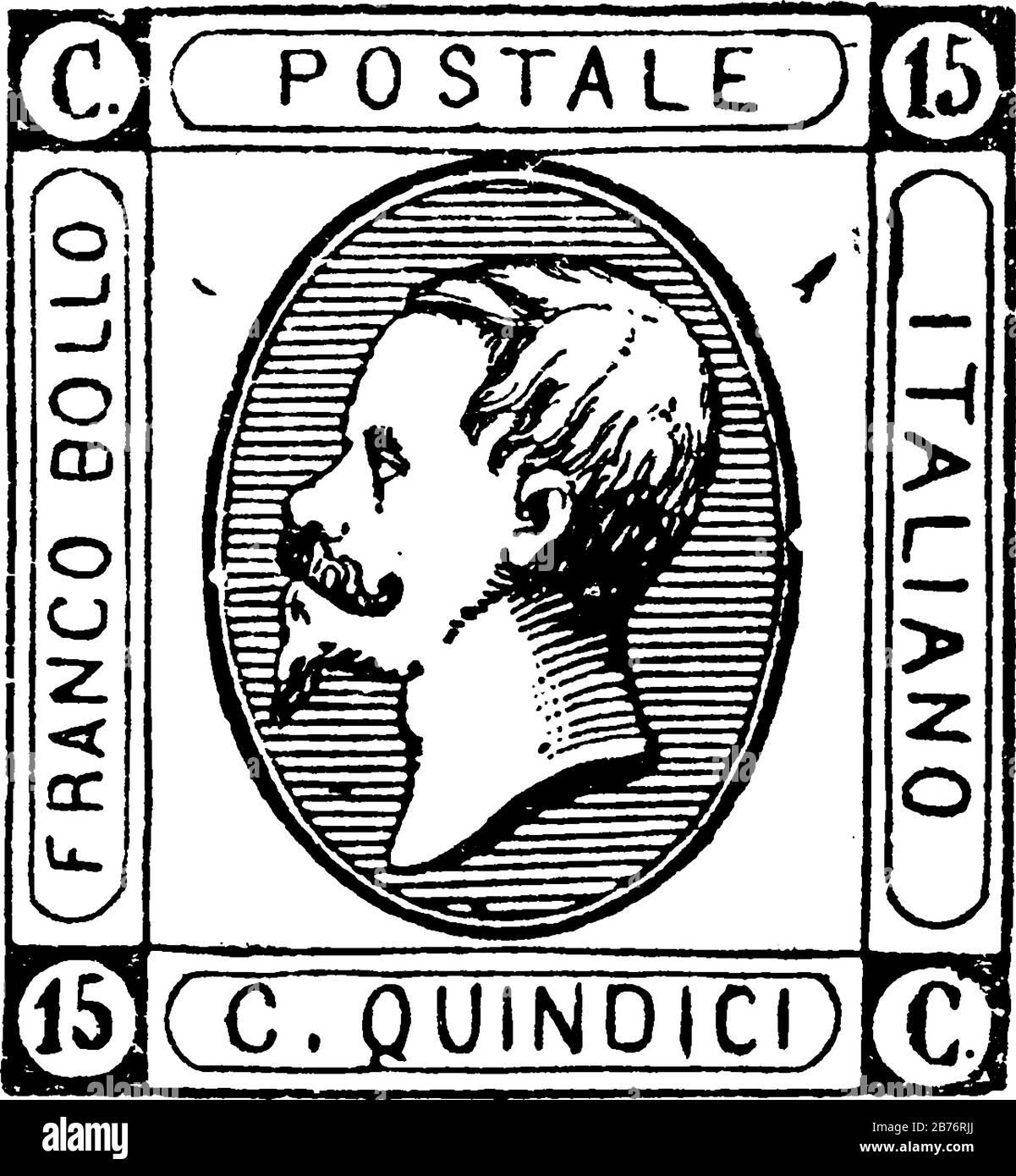 Italien Stempel (15 centesimi) aus dem Jahr 1863, ein kleines Klebepapier, das an etwas feststeckte, um eine Menge an gezahltem Geld zu zeigen, hauptsächlich eine Briefmarke, Vint Stock Vektor