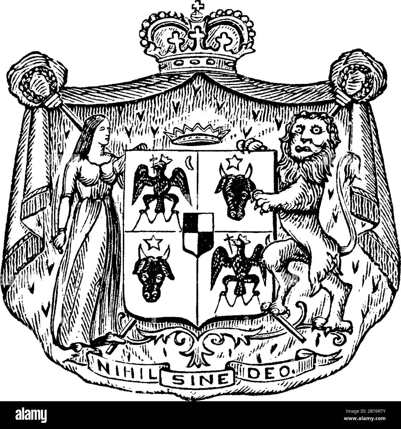 Wappen, Roumania, eingraviert mit Schriften, ein goldenes aquila, das ein Kreuz in seinem Schnabel hält, und ein Mass und ein Schwert in seinen Klauen, und viele andere, Vint Stock Vektor