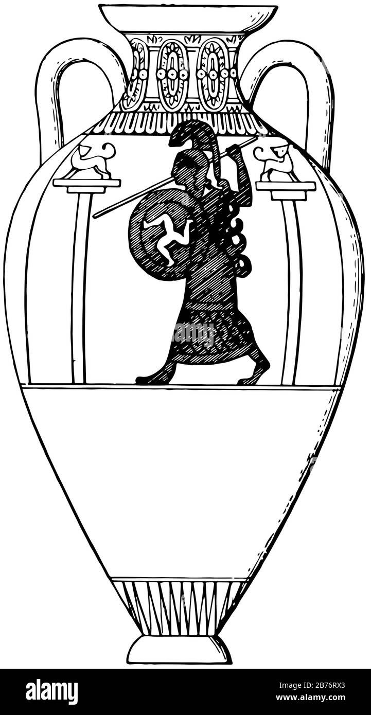 Panathenaic Vase hatte die markante Form enger Griffe, es handelt sich um große Keramikgefäße, Vintage-Line-Zeichnung oder Gravur. Stock Vektor