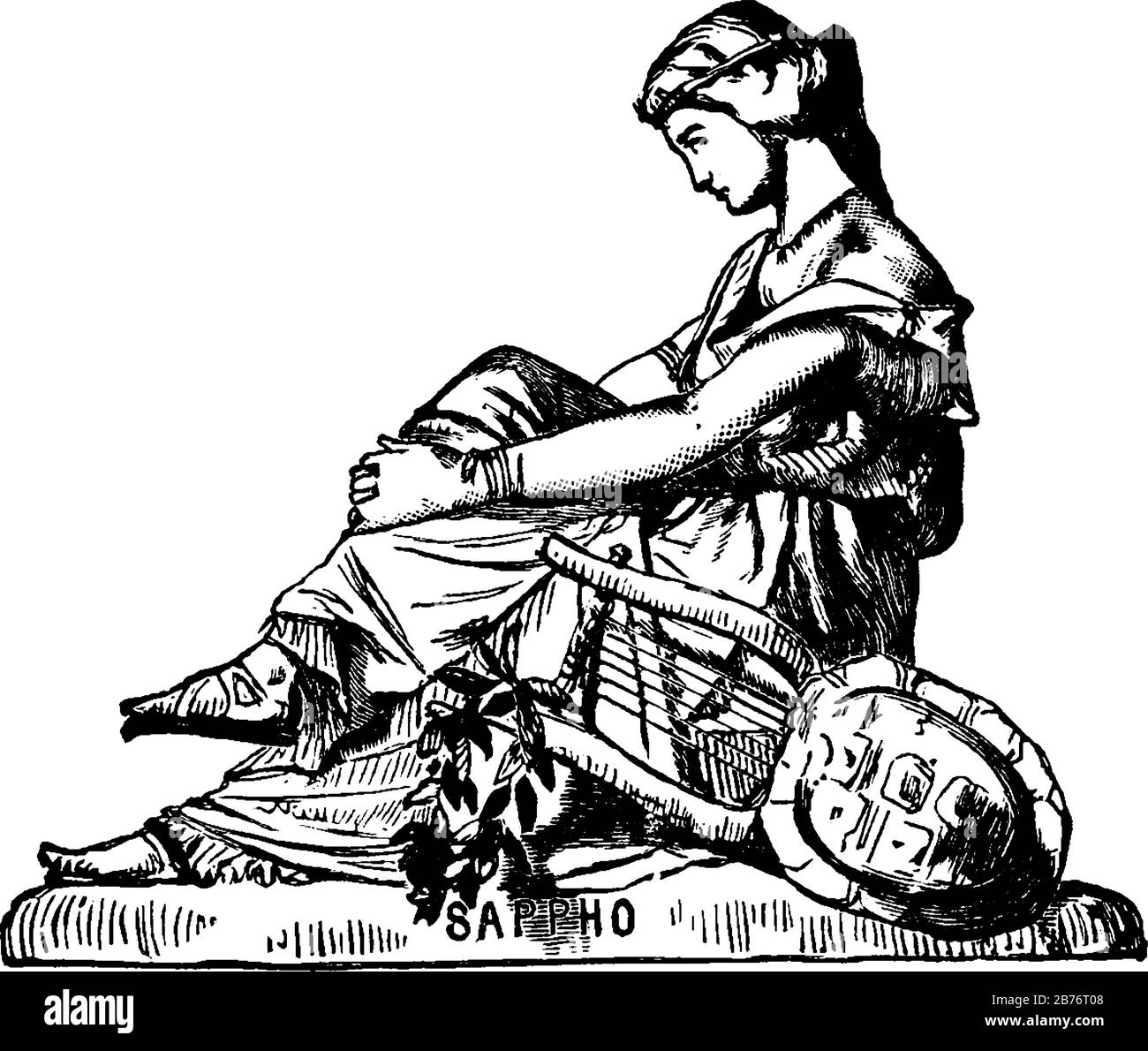 Statue einer Frau mit einer Lyre in diesem Bild, Vintage-Zeichnung oder Gravurgravur. Stock Vektor