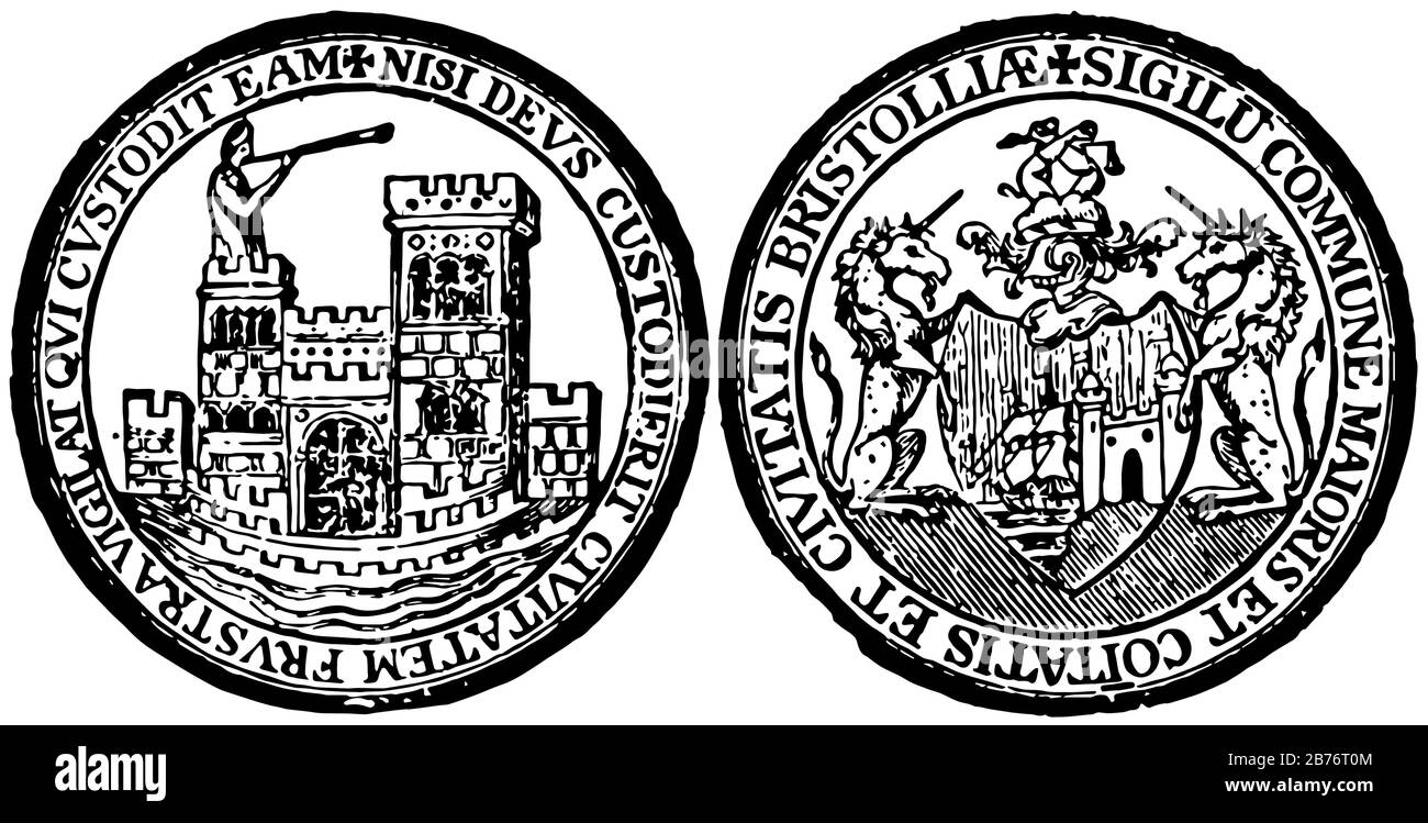 Es gibt zwei Siegel, die die Stadt Bristol, England, repräsentieren, eine hat Burg und eine andere hat einen Schild mit zwei stehenden Pferden, sie haben ein einziges ho Stock Vektor