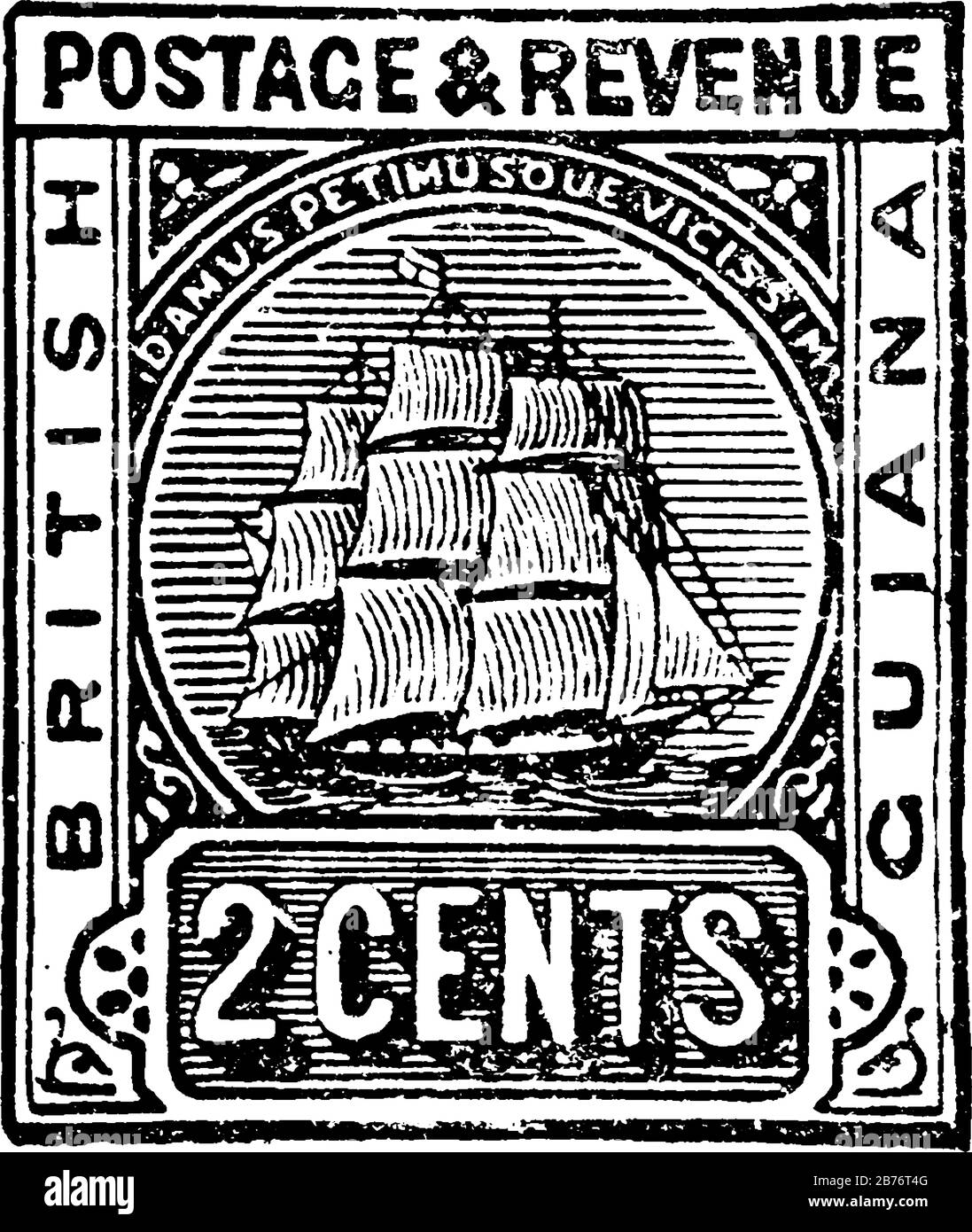 Britisch-Guayana-Stempel (2 Cent) aus dem Jahr 1889. Britisch Guayana (Guyana) war der Name der britischen Kolonie an der Nordküste Südamerikas, Jahrgang l. Stock Vektor Britisch-Guayana-Stempel (2 Cent) aus dem Jahr 1889. Britisch Guayana (Guyana) war der Name der britischen Kolonie an der Nordküste Südamerikas, Jahrgang l. Stock Vektor
