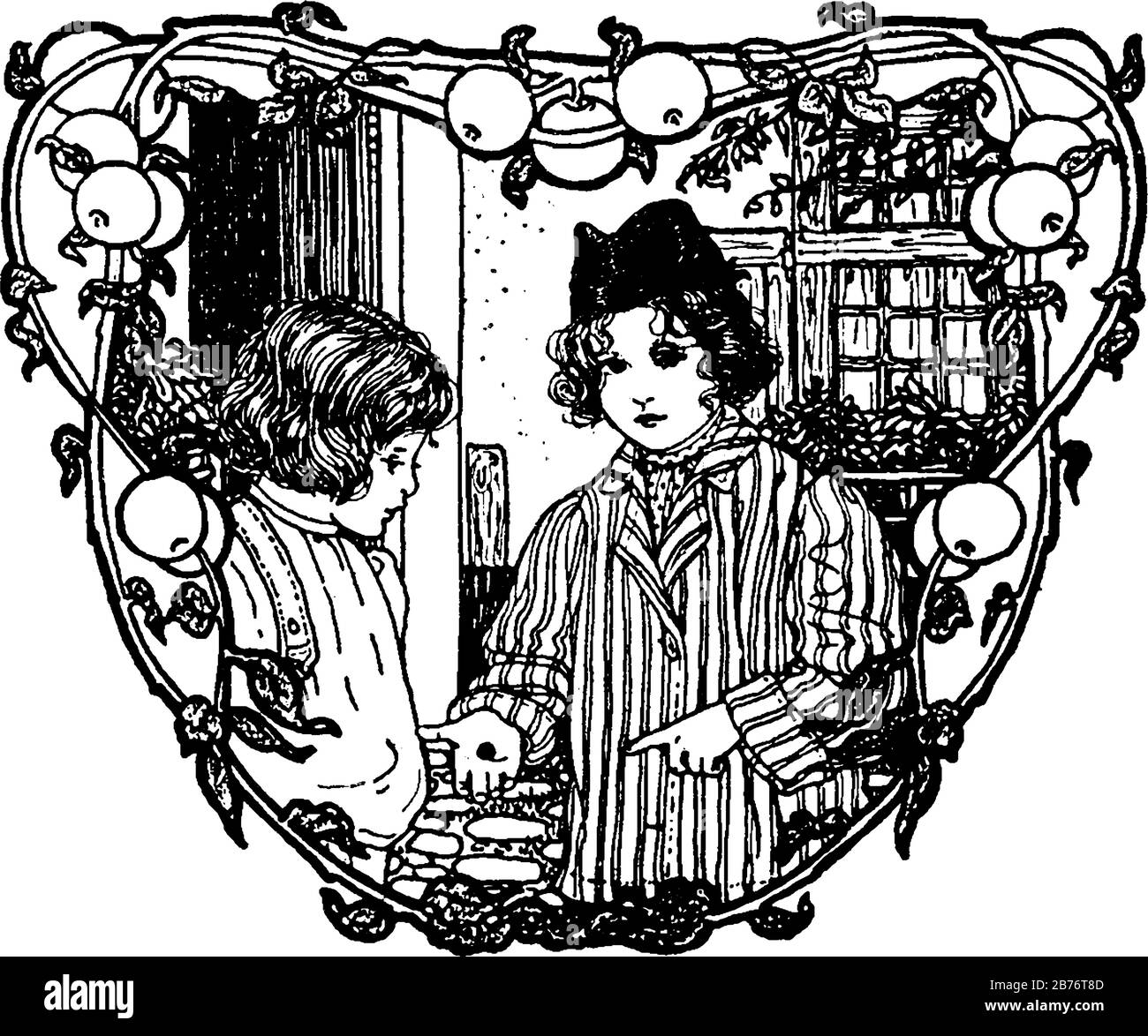Das Bild zeigt zwei kleine Kinder, bei denen ein Kind etwas mit einem anderen Kind teilt, Vintage-Linien-Zeichnung oder Gravier-Illustration. Stock Vektor