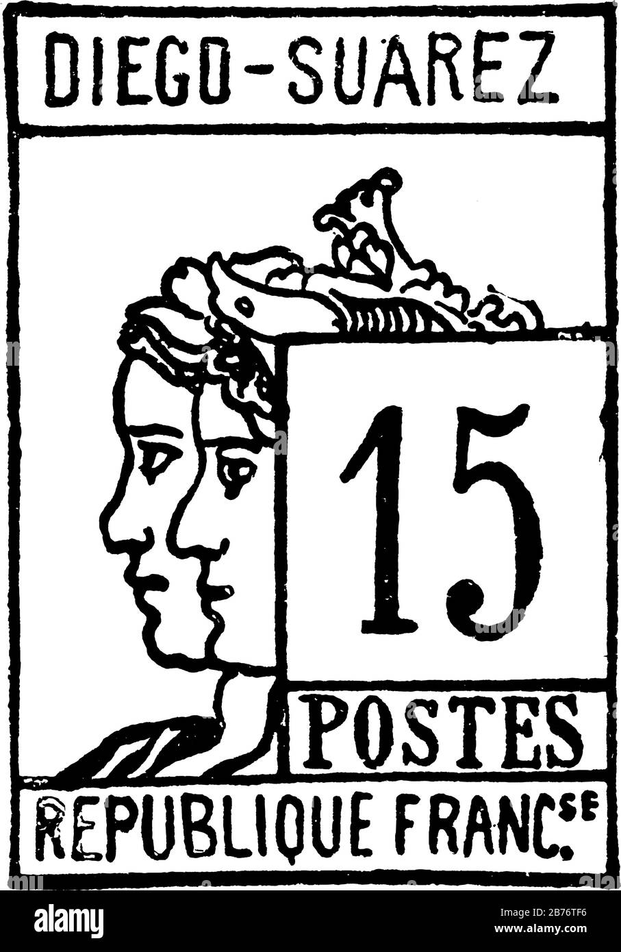 Diego Suarez Stempel (15 C) aus dem Jahr 1890. Diego-<unk> Ã¡rez ist eine Stadt an der Nordspitze von Madagaskar in der Provinz Antsiranana und war eine französische Kolonie, Vintag Stock Vektor