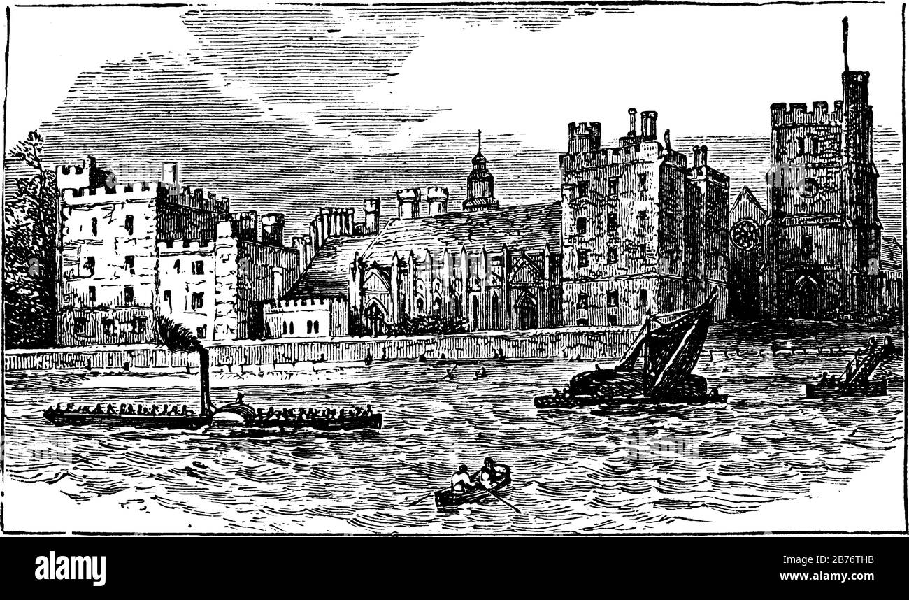 Das Gebäude des Lambeth Palace auf der anderen Flussseite war die Londoner Residenz des Erzbischofes von Canterbury. Erbaut im siebzehnten Jahrhundert, Vintage li Stock Vektor