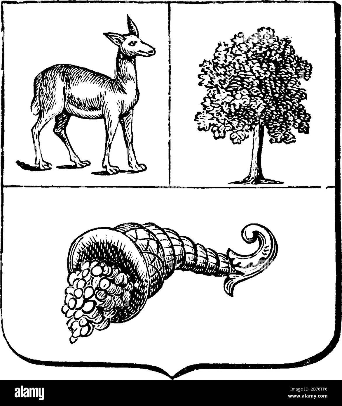 Das Wappen Perus zeigt drei Elemente, die vicuña, das nationale Tier, den Cinchona-Baum und die Cornucopia mit Münzen, die unten daraus verschüttet wurden, vin Stock Vektor