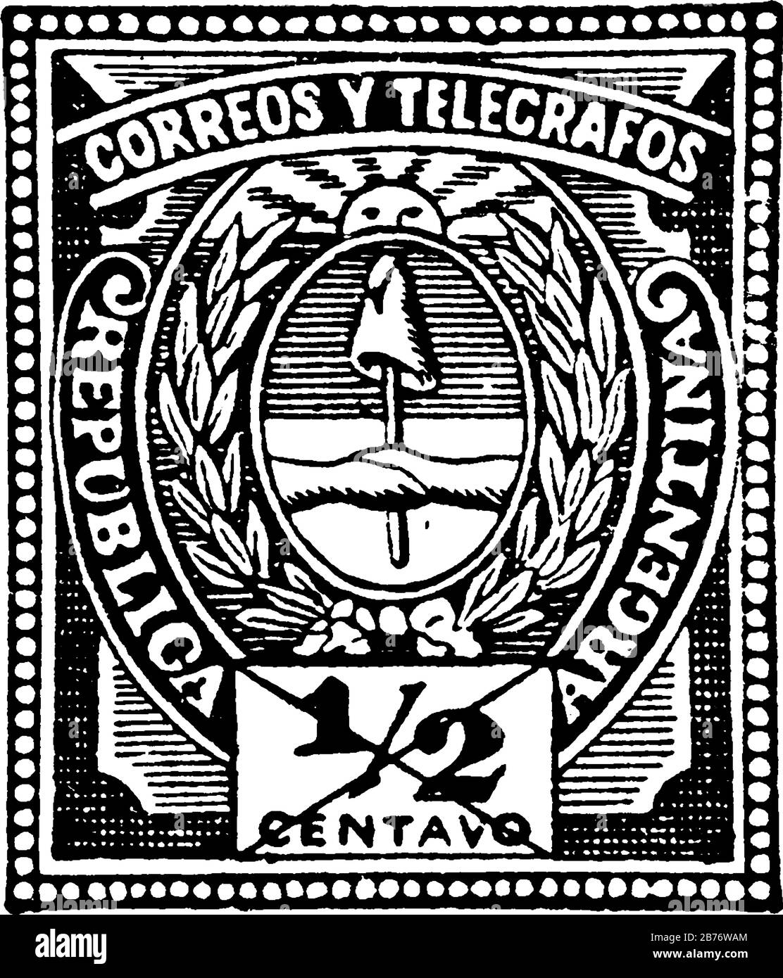 Argentinische Republik Wrapper (1/2 centavo) aus dem Jahr 1889, ein selbstklebendes Papierstück, das feststeckt, um eine Geldmenge zu zeigen, die bezahlt wird, hauptsächlich eine Briefmarke, VI Stock Vektor