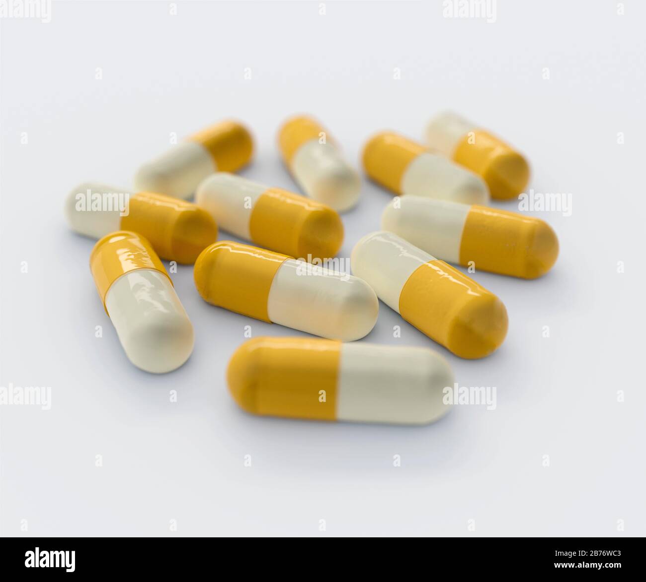 Computergeneriertes Bild von Kapseln nach dem Muster von Methylphenidat, einem Stimulanzmittel zur Behandlung von Aufmerksamkeitsdefizit-Hyperaktivitätsstörung und Narkolepsie. Stockfoto