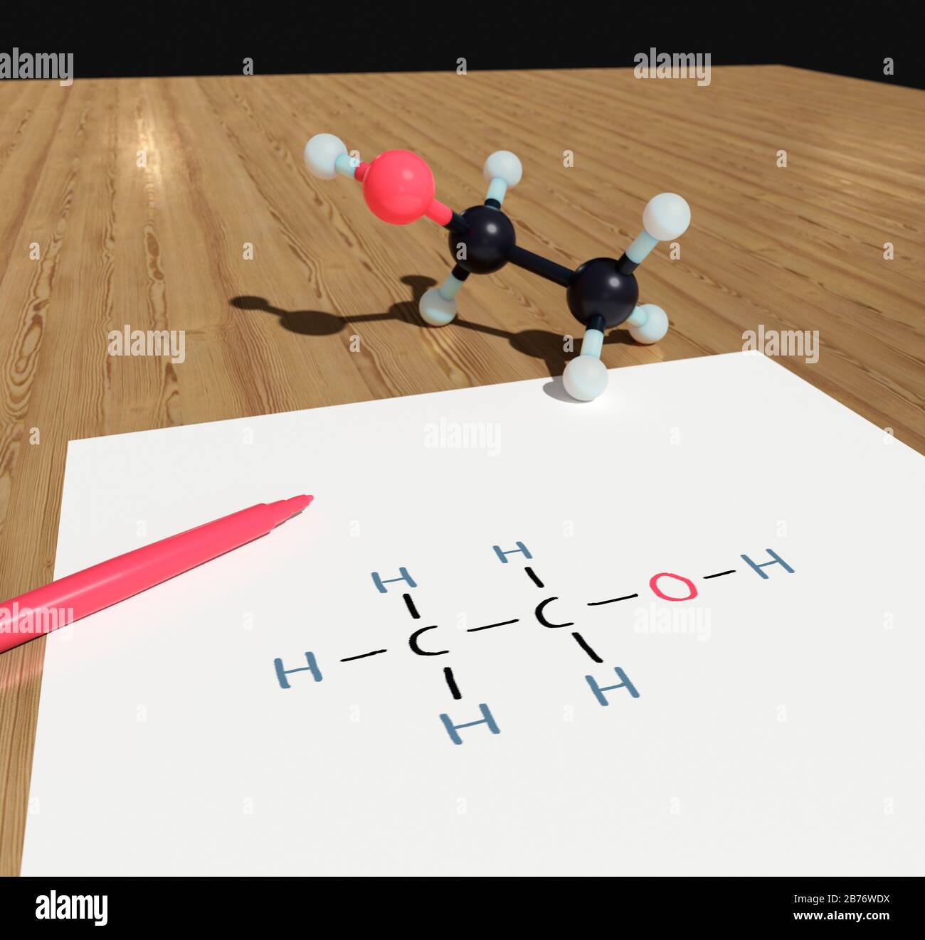 Modell und Diagramm des Ethanol-(Alkohol-)Moleküls. Das Molekül hat zwei Kohlenstoff-, einen Sauerstoff- und sechs Wasserstoffatome. Stockfoto