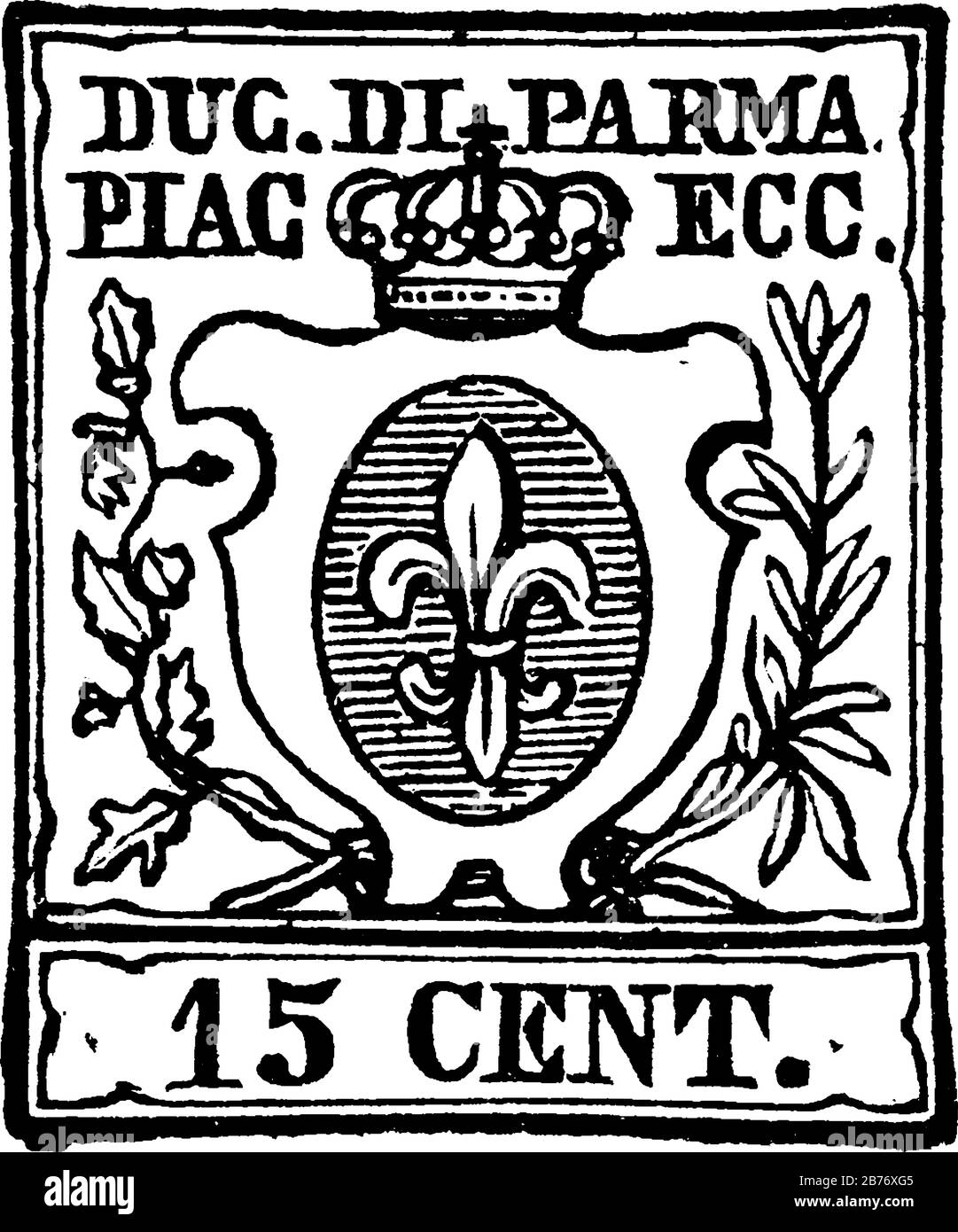 Parma Stempel (15 centesimi) von 1857-1859, ein kleines selbstklebendes Stück Papier steckte an etwas fest, um eine Menge an gezahltem Geld zu zeigen, Vintage Line Drain Stock Vektor