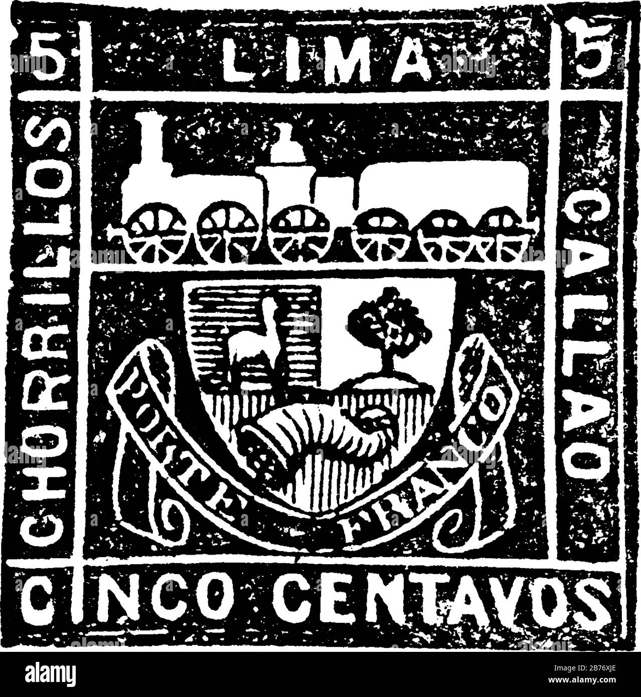 Perua-Stempel (5 centavos) von 1871, ein kleines selbstklebendes Stück Papier, das an etwas festhielt, um eine Menge an gezahltem Geld zu zeigen, hauptsächlich eine Briefmarke, Jahrgang Stock Vektor