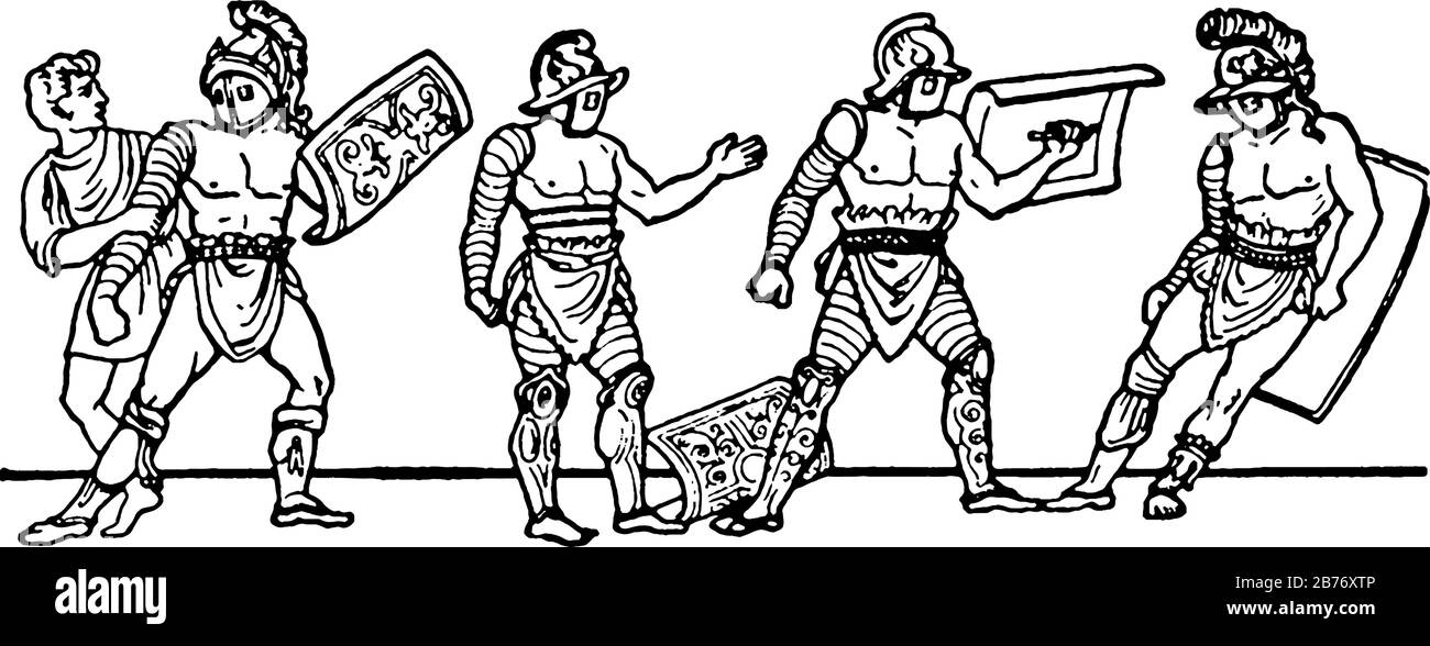 Das Bild zeigt vier römische Gladiatoren mit Rüstung, Vintage-Linien-Zeichnung oder Gravurdarstellung. Stock Vektor
