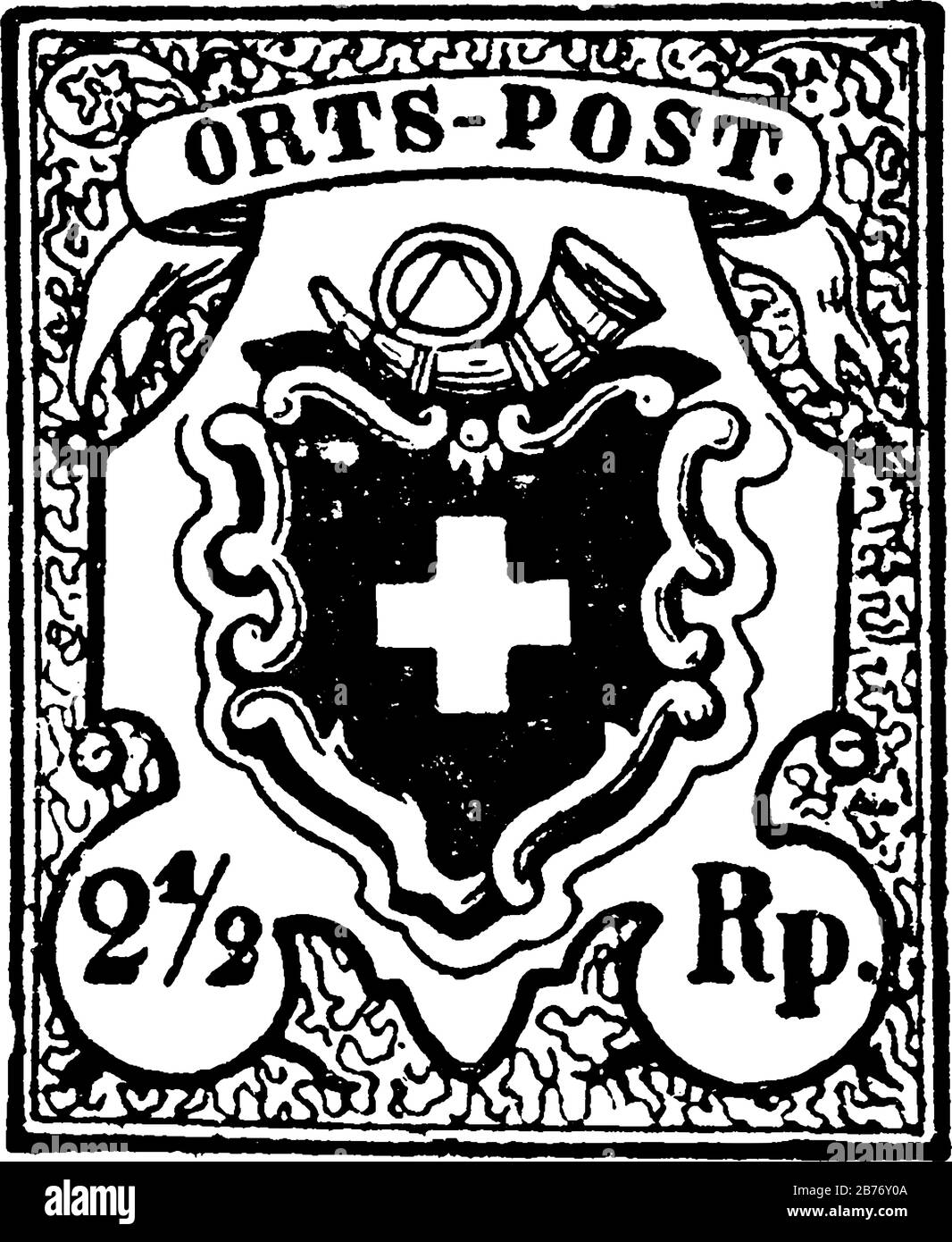 Schweizerstempel (2-1/2 Rappen) aus dem Jahr 1850, ein kleines Klebepapier, das an etwas feststeckt, um einen gezahlten Geldbetrag zu zeigen, hauptsächlich eine Briefmarke Stock Vektor