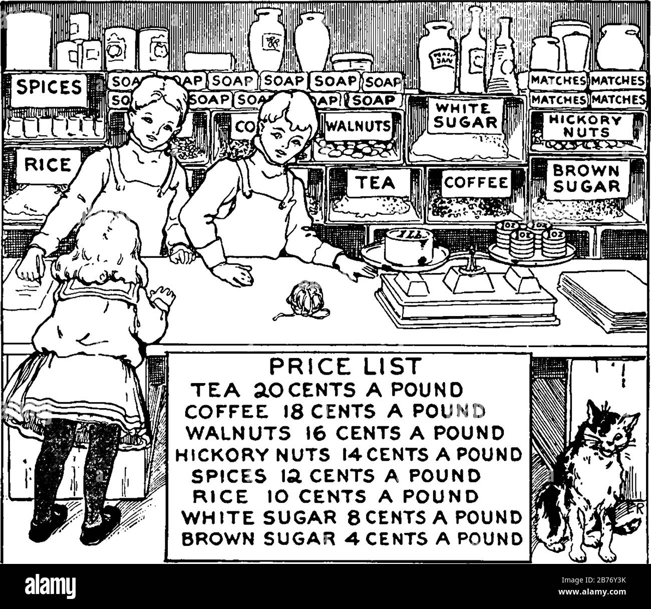 Das Bild zeigt ein Kind, das Lebensmittel kauft. Es kann verwendet werden, um Probleme mit Mathematikgeschichten zu schreiben, die Addition, Subtraktion, Geld und Zählung beinhalten. Stock Vektor