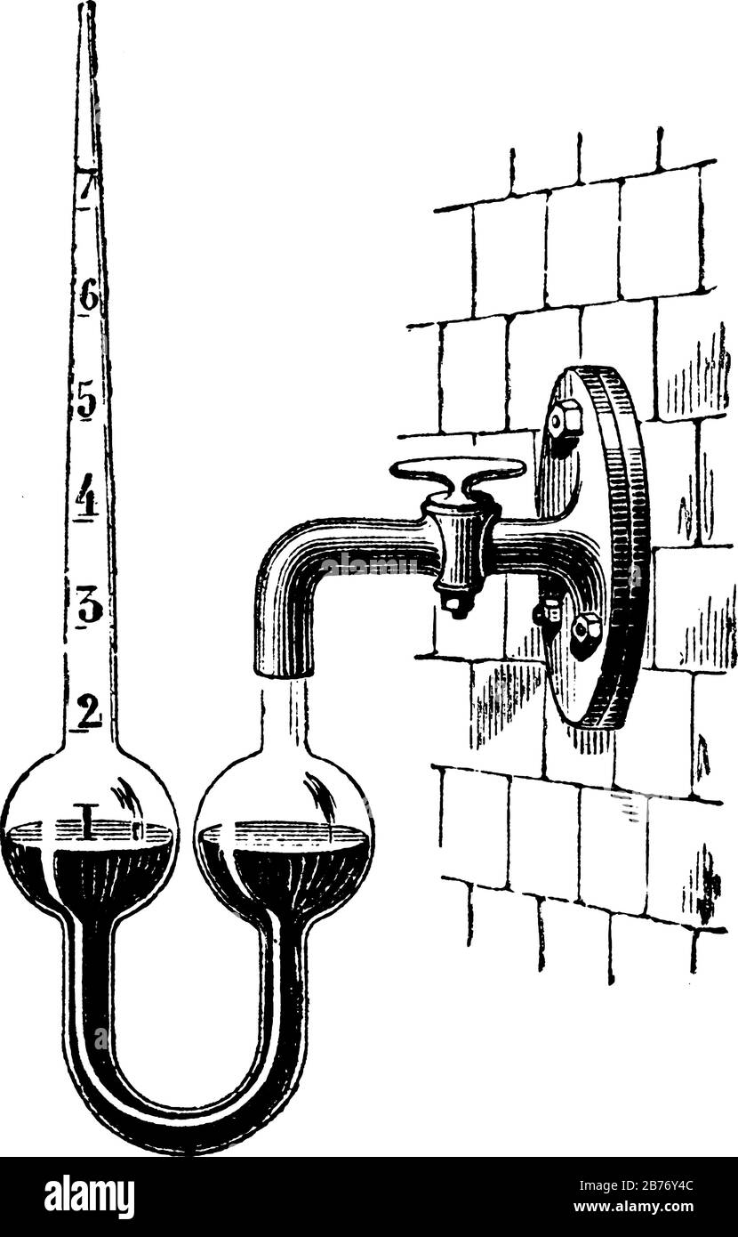 Ein an der Wand montiertes U-förmiges Gerät mit Ventil und Flüssigkeit, das zur Messung des Drucks verwendet wird, das oft als Manometer, Vintage-Line-Zeichnung oder gravurillust bezeichnet wird Stock Vektor