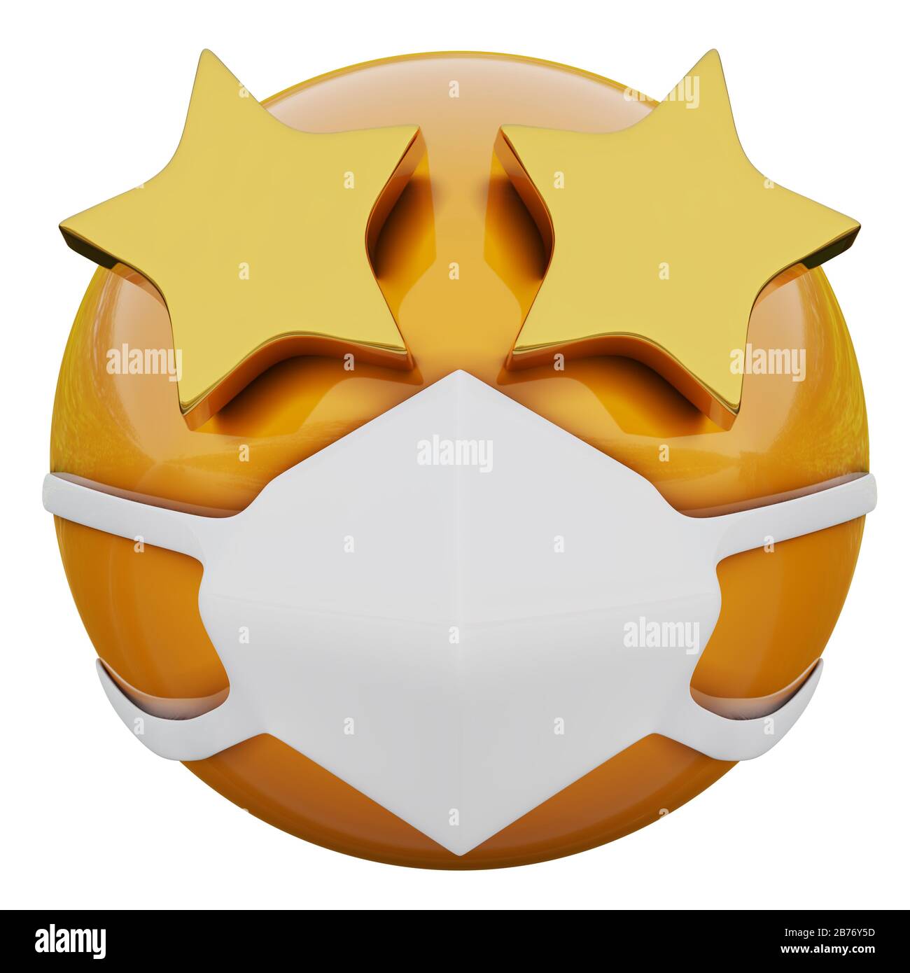 3D-Rendering von gelbem Emoji, das Gesicht mit Sternenaugen in der medizinischen Maske beschmiert, die vor Coronavirus 2019-nCoV, MERS-nCoV, sars schützt Stockfoto
