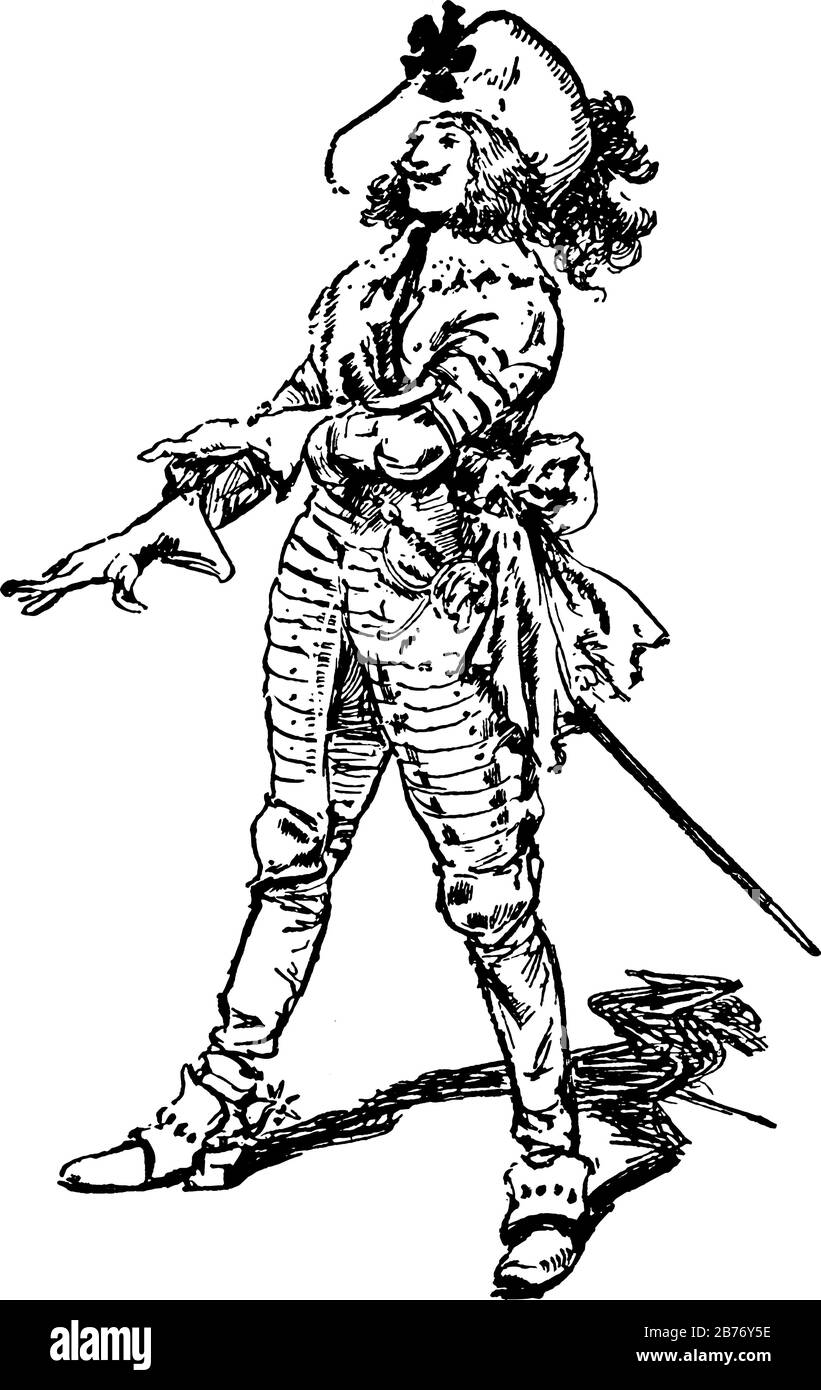 Das Bild zeigt einen Ritter, einen montierten Soldaten in Rüstung, der sich auf die Fahrt vorbereitet, eine Vintage-Zeichnung oder Gravurillustration. Stock Vektor